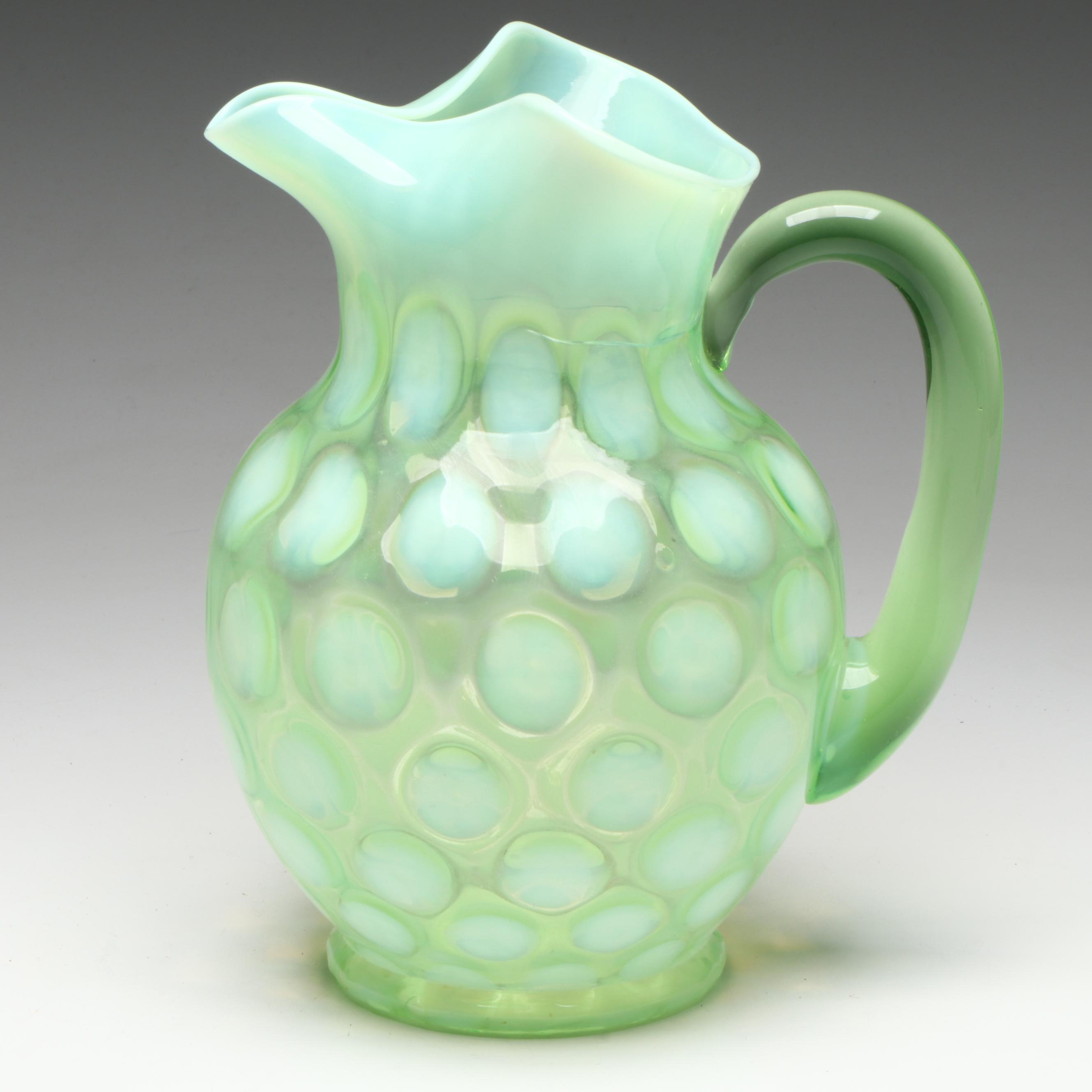 Fenton "Coin Dot Opalescent Lime" Uranium Glass Pitcher and Tumblers, 1953-1954