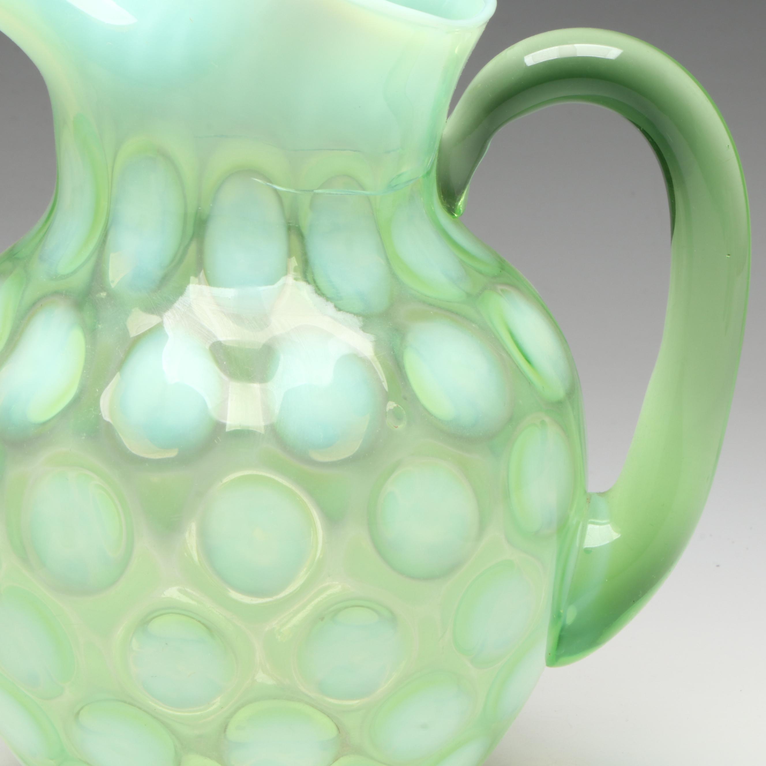 Fenton "Coin Dot Opalescent Lime" Uranium Glass Pitcher and Tumblers, 1953-1954