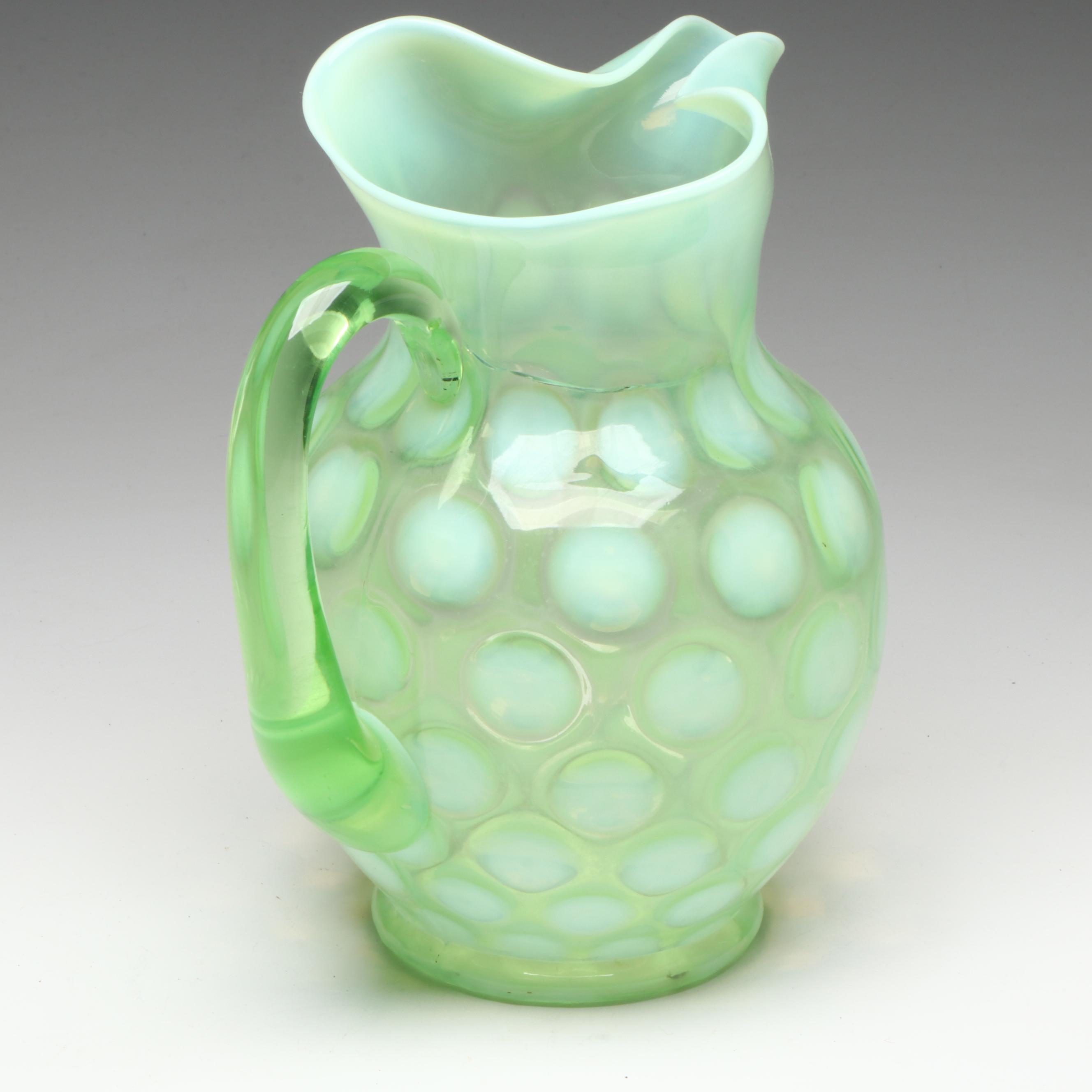 Fenton "Coin Dot Opalescent Lime" Uranium Glass Pitcher and Tumblers, 1953-1954