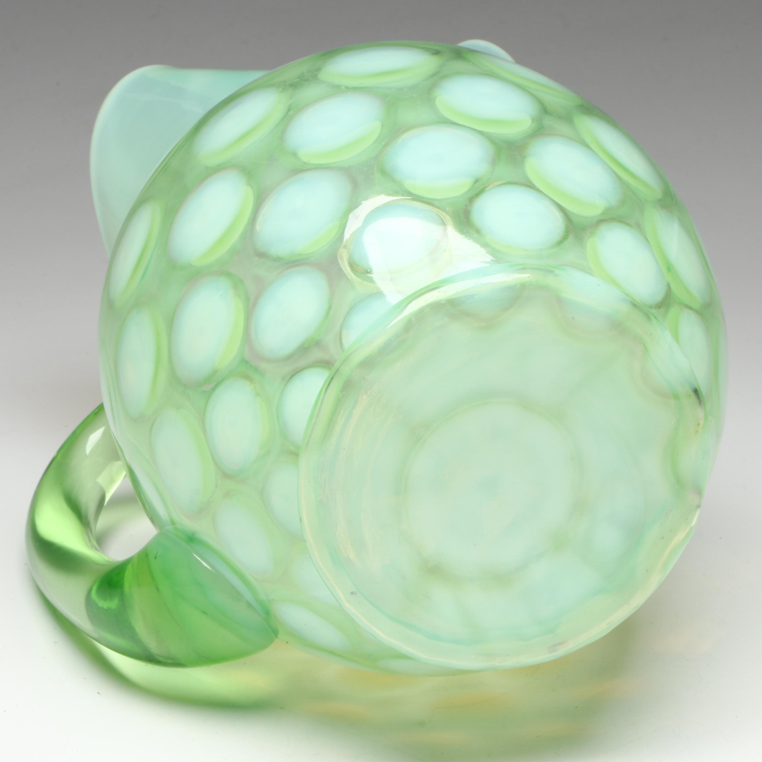 Fenton "Coin Dot Opalescent Lime" Uranium Glass Pitcher and Tumblers, 1953-1954
