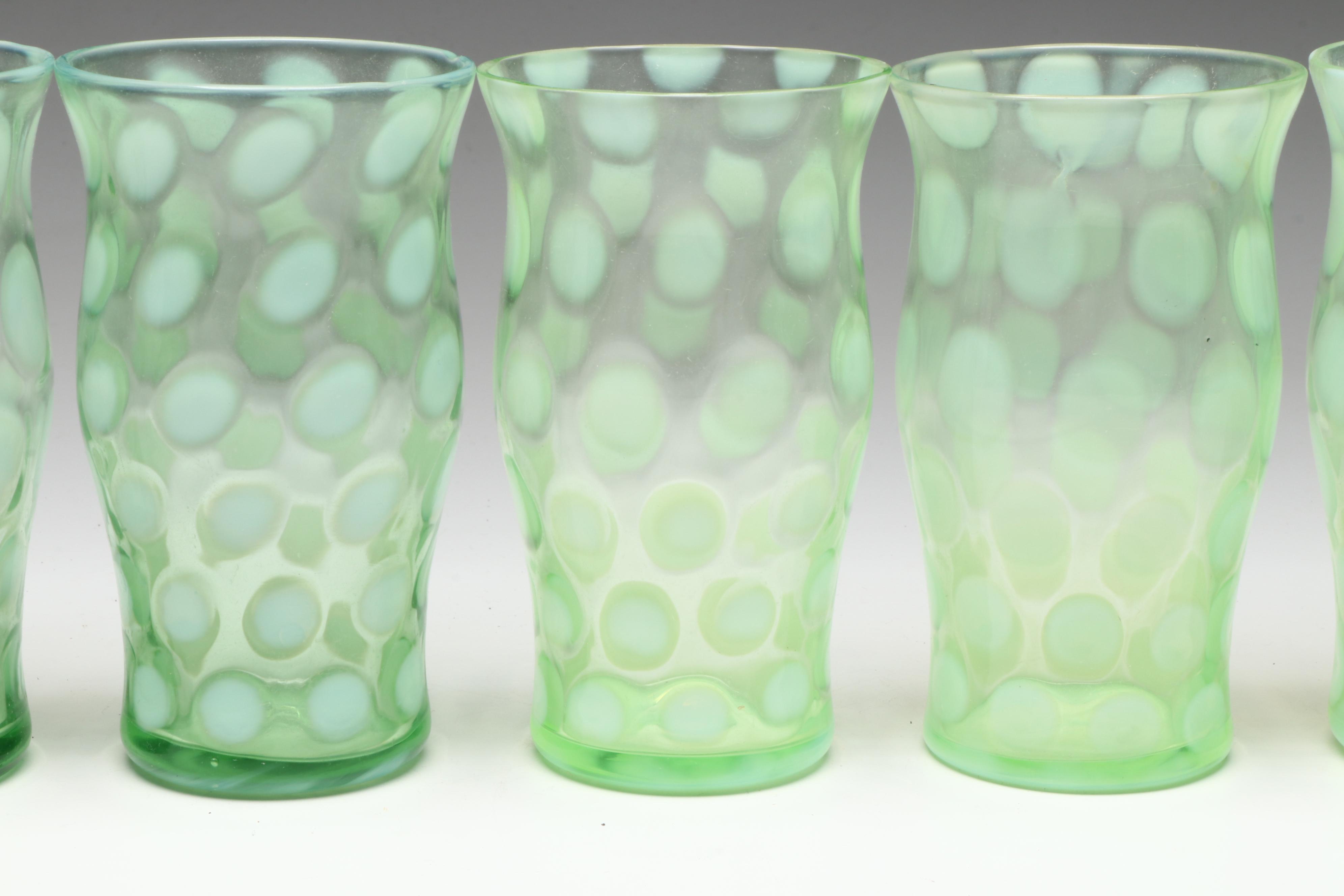 Fenton "Coin Dot Opalescent Lime" Uranium Glass Pitcher and Tumblers, 1953-1954