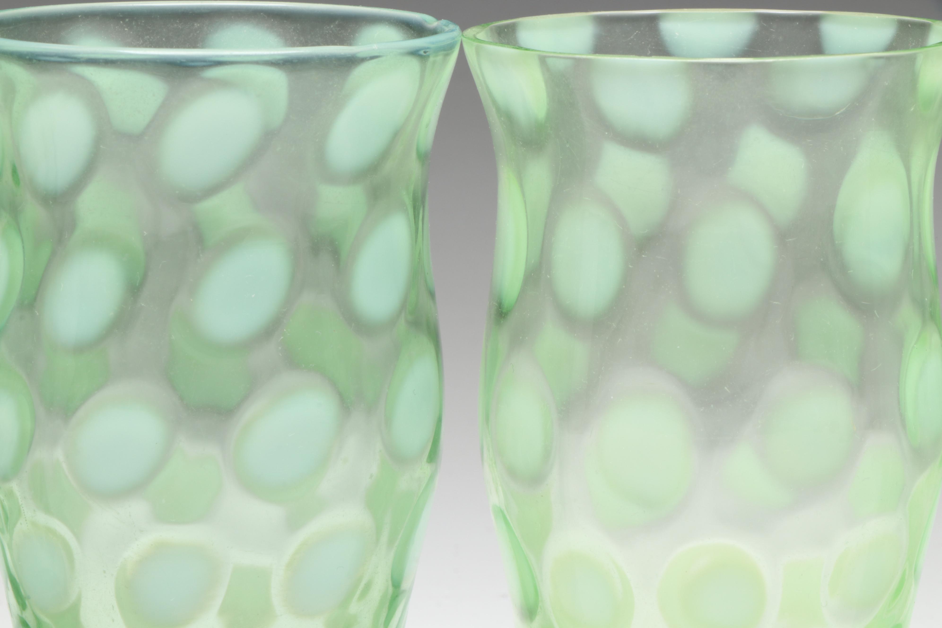 Fenton "Coin Dot Opalescent Lime" Uranium Glass Pitcher and Tumblers, 1953-1954