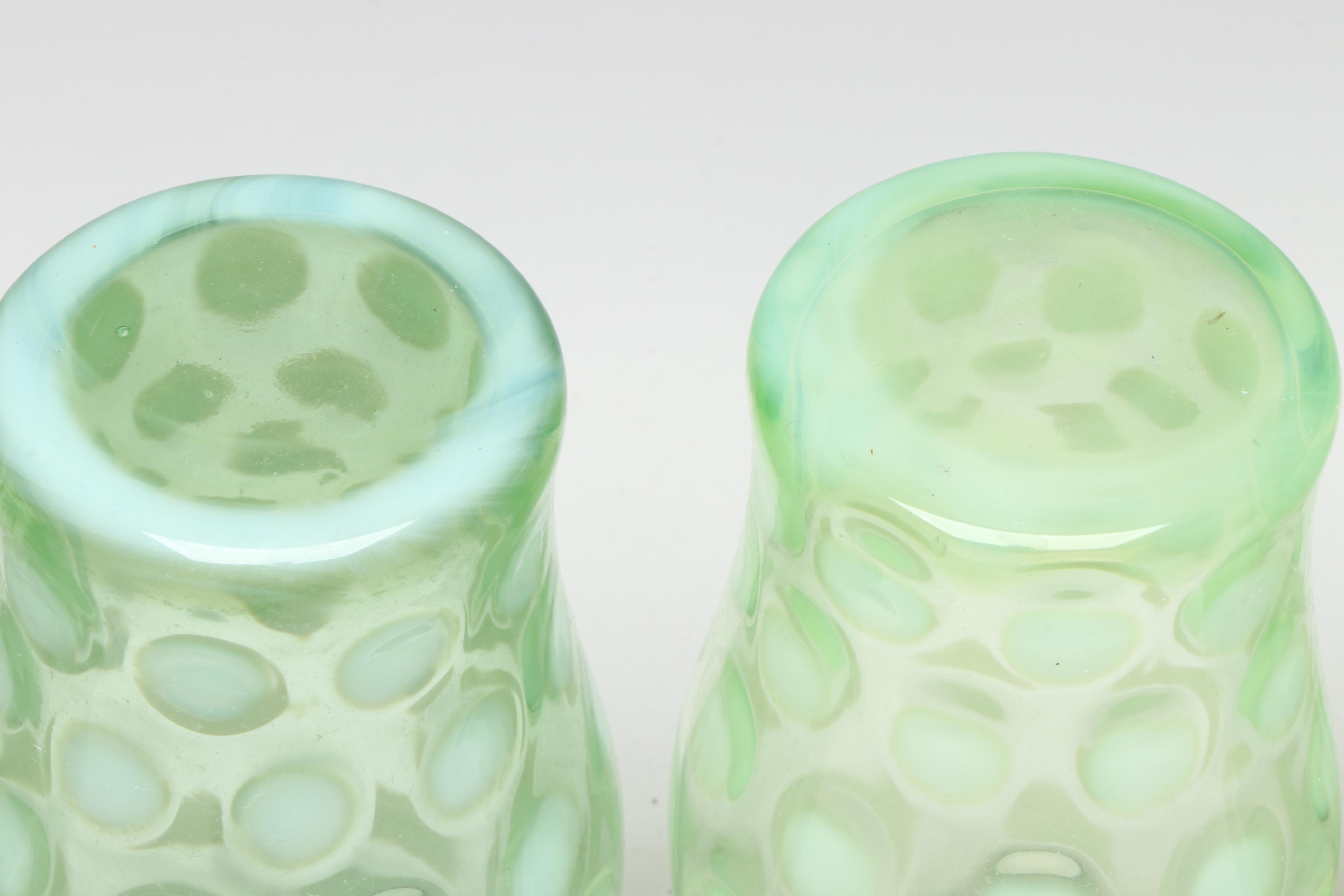 Fenton "Coin Dot Opalescent Lime" Uranium Glass Pitcher and Tumblers, 1953-1954