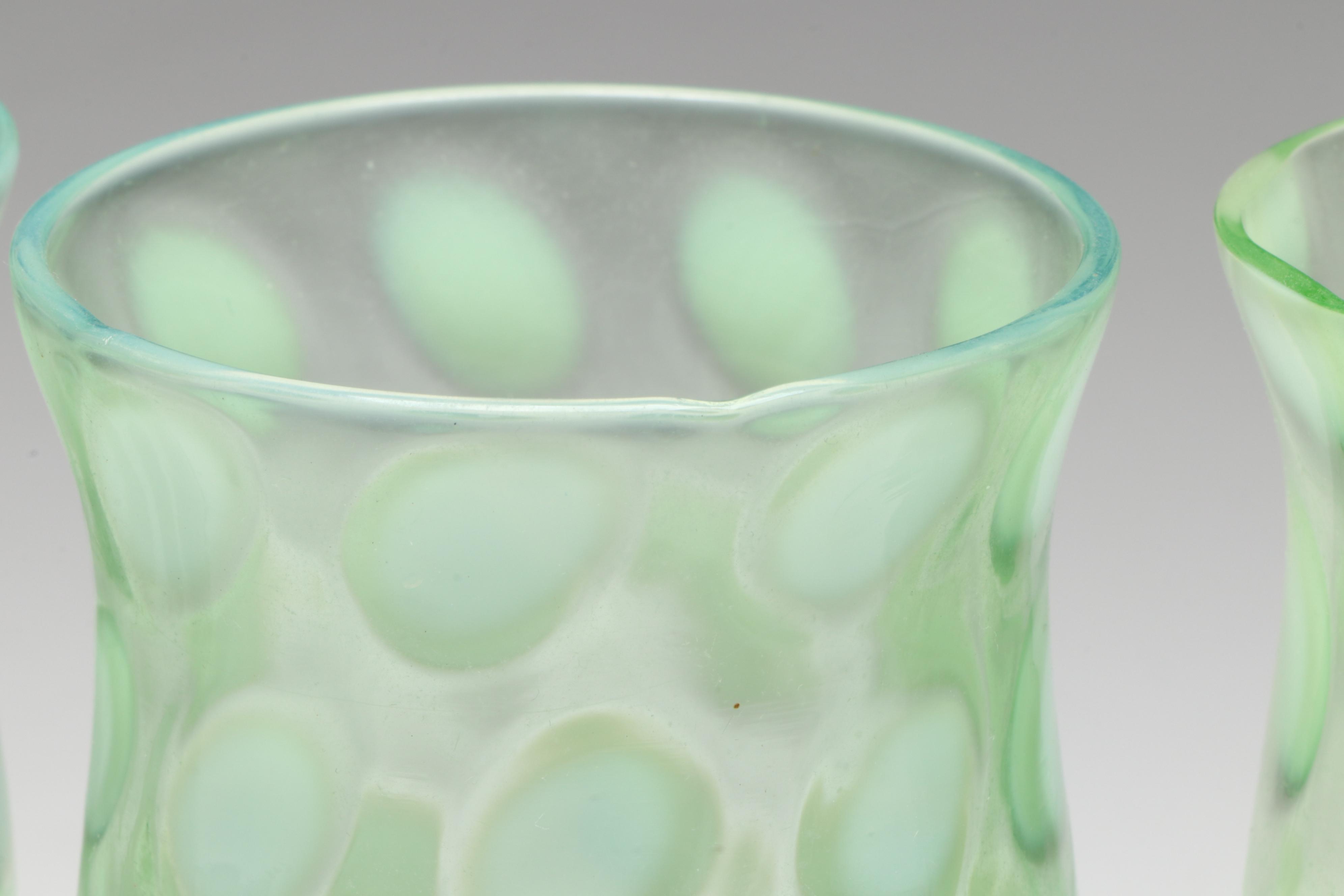 Fenton "Coin Dot Opalescent Lime" Uranium Glass Pitcher and Tumblers, 1953-1954