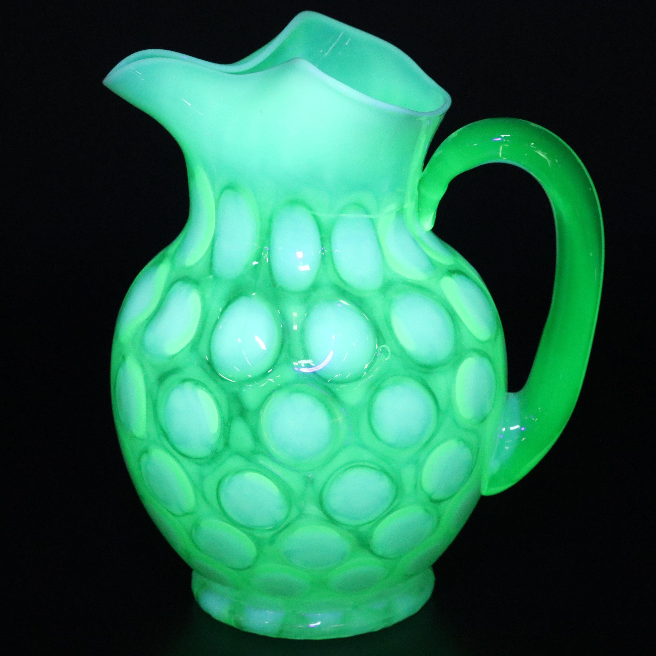Fenton "Coin Dot Opalescent Lime" Uranium Glass Pitcher and Tumblers, 1953-1954