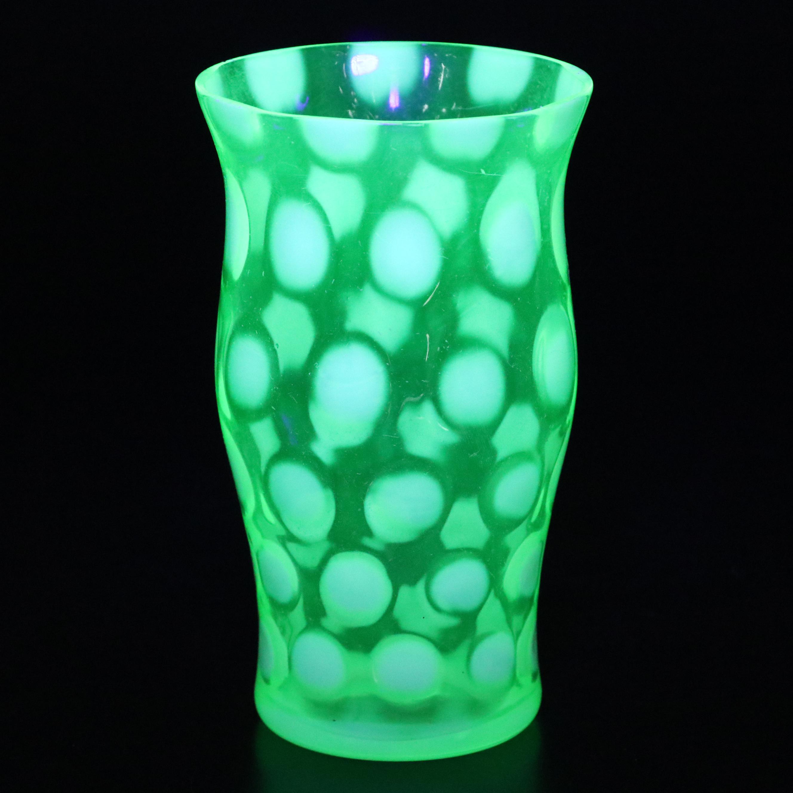 Fenton "Coin Dot Opalescent Lime" Uranium Glass Pitcher and Tumblers, 1953-1954