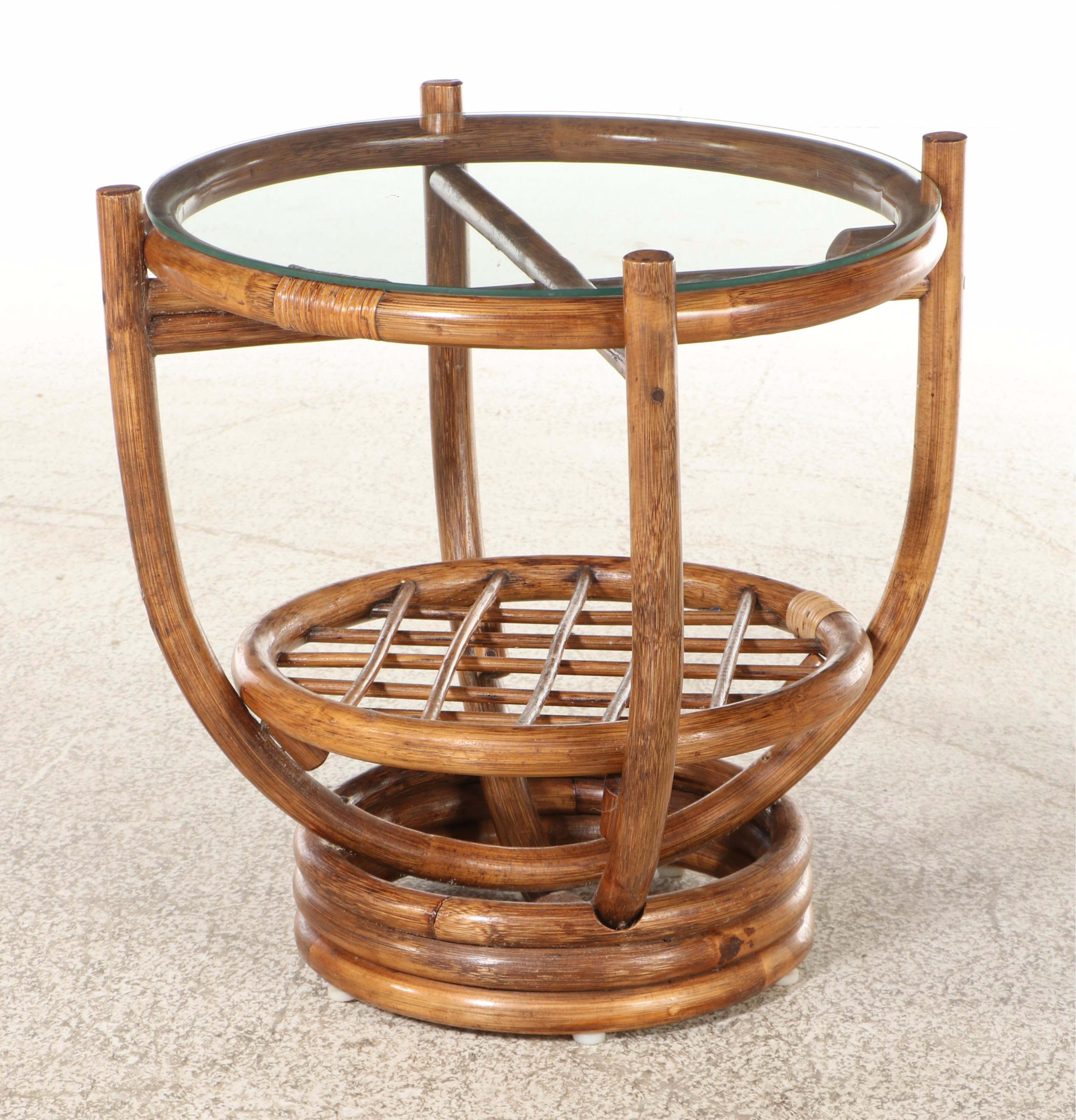 Rattan and Glass Top Side Table, Mid to Late 20th Century