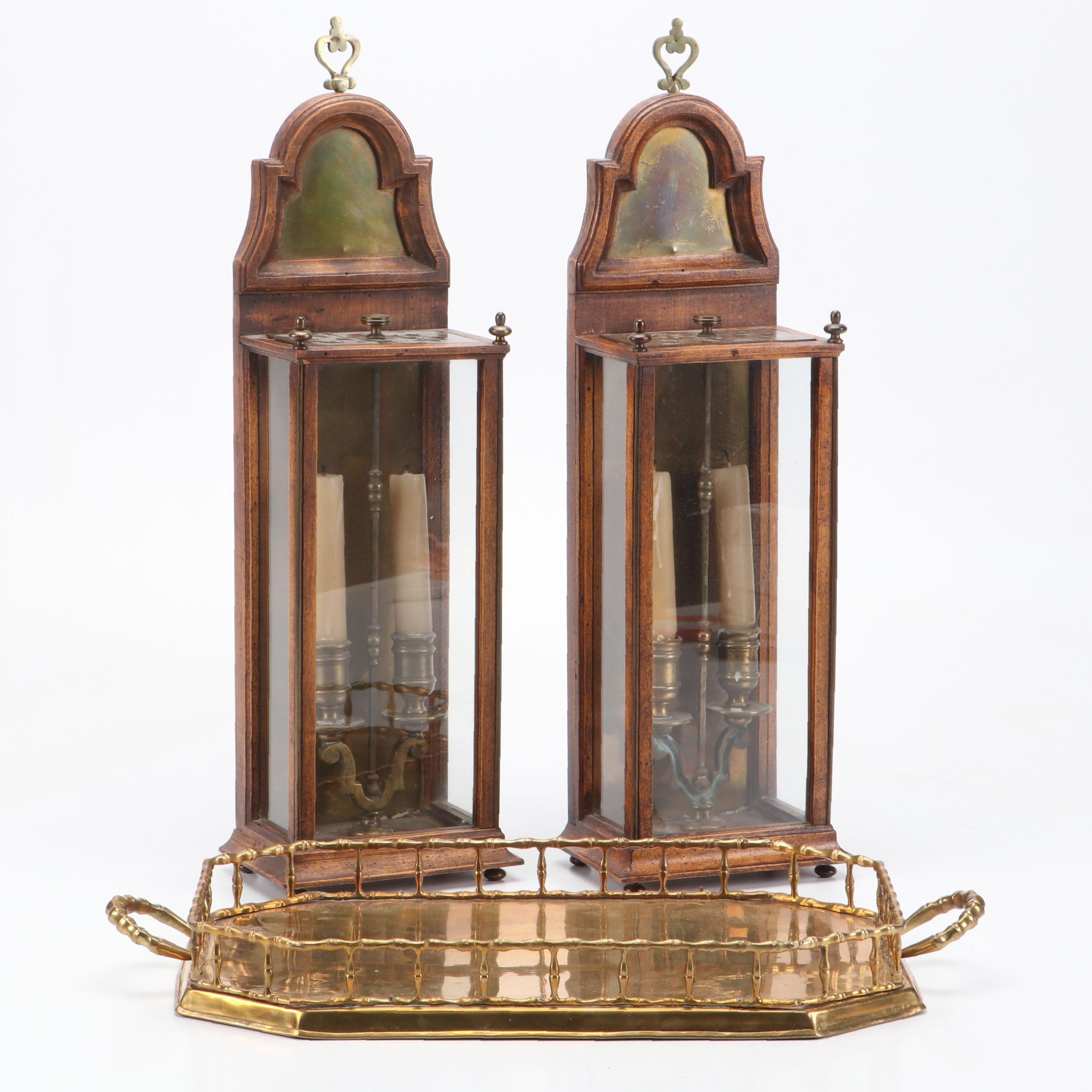 Georgian Style Wooden Wall Hanging Candle Lanterns with Brass Gallery Tray