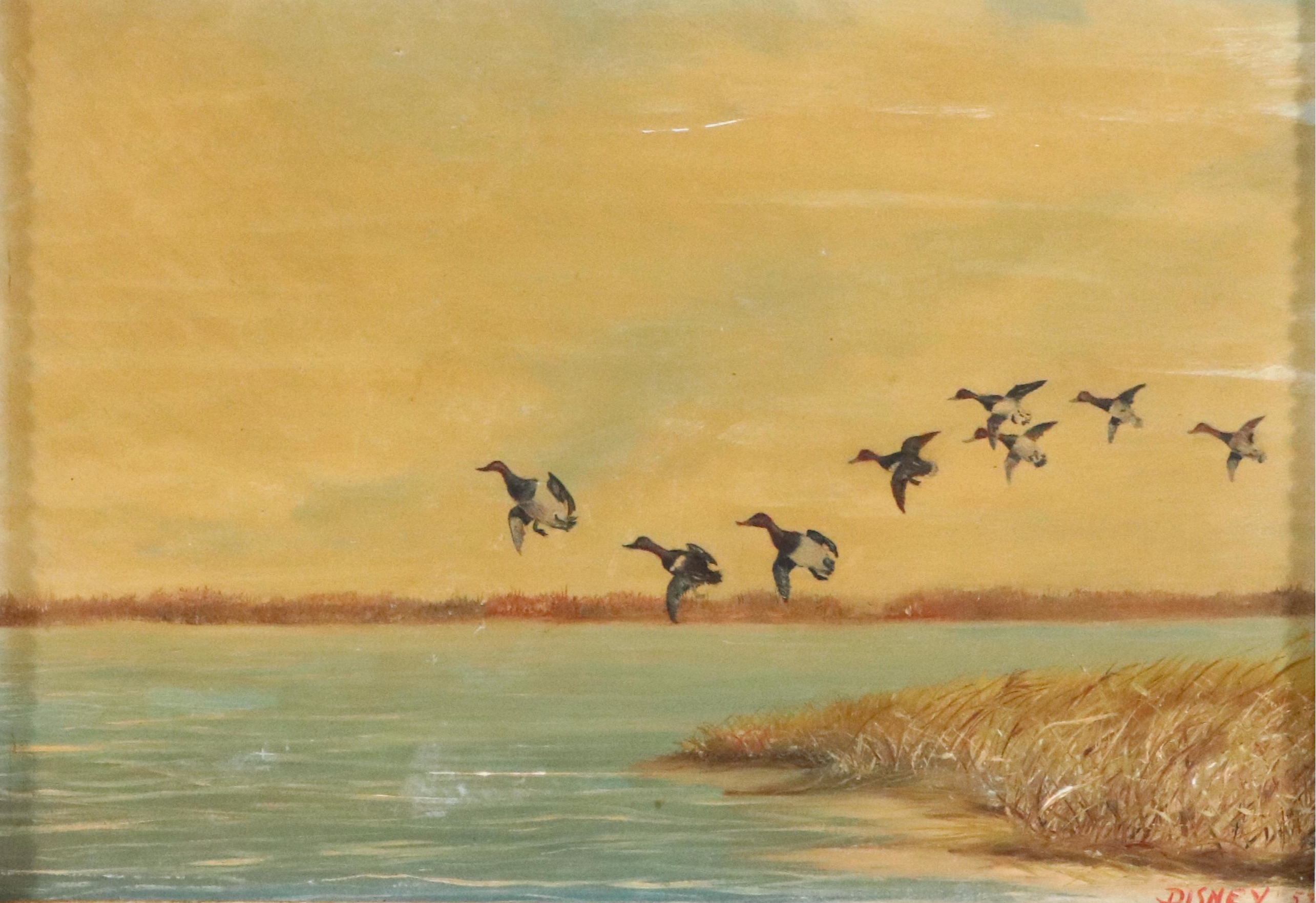 Landscape Oil Painting with Flying Mallards, 1953