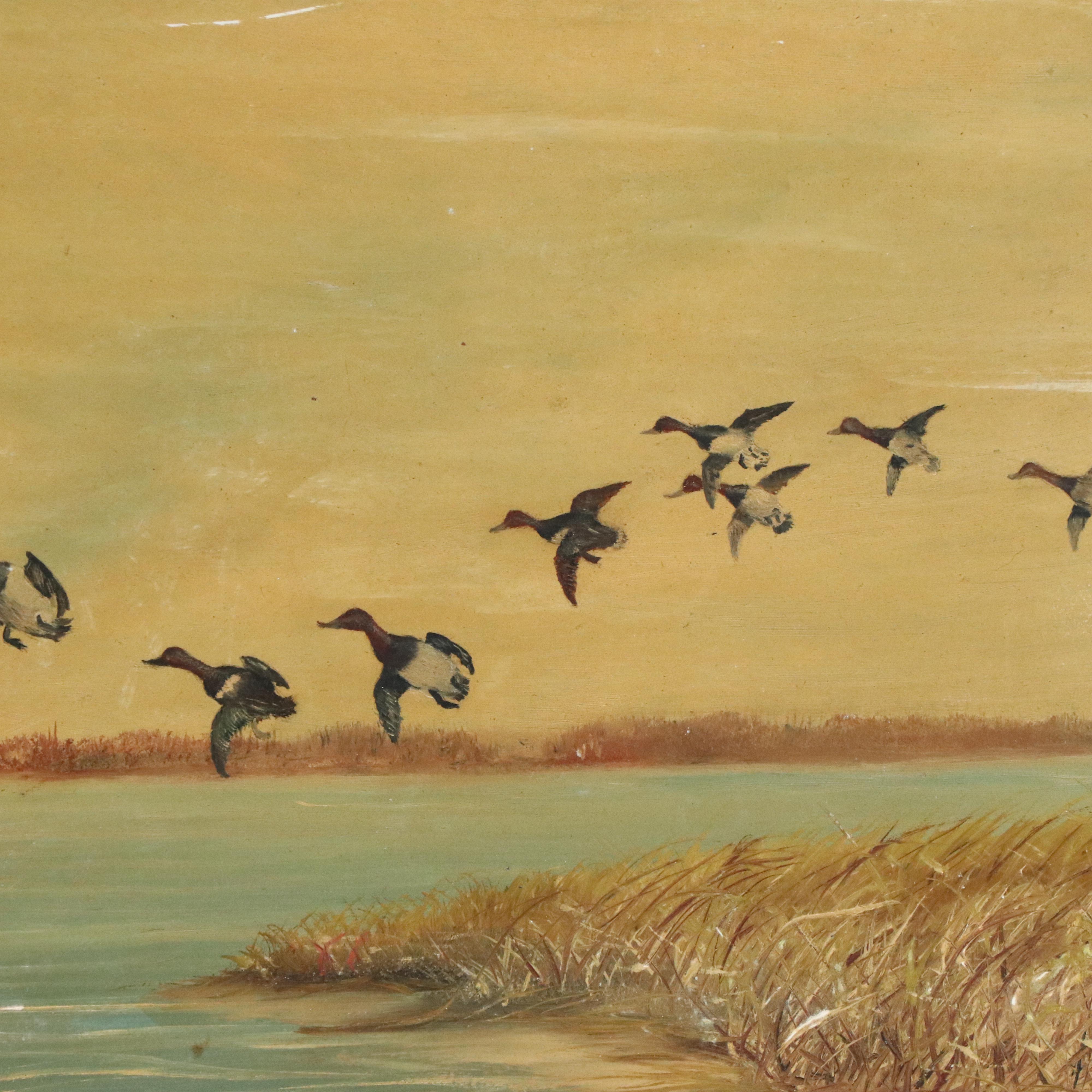 Landscape Oil Painting with Flying Mallards, 1953