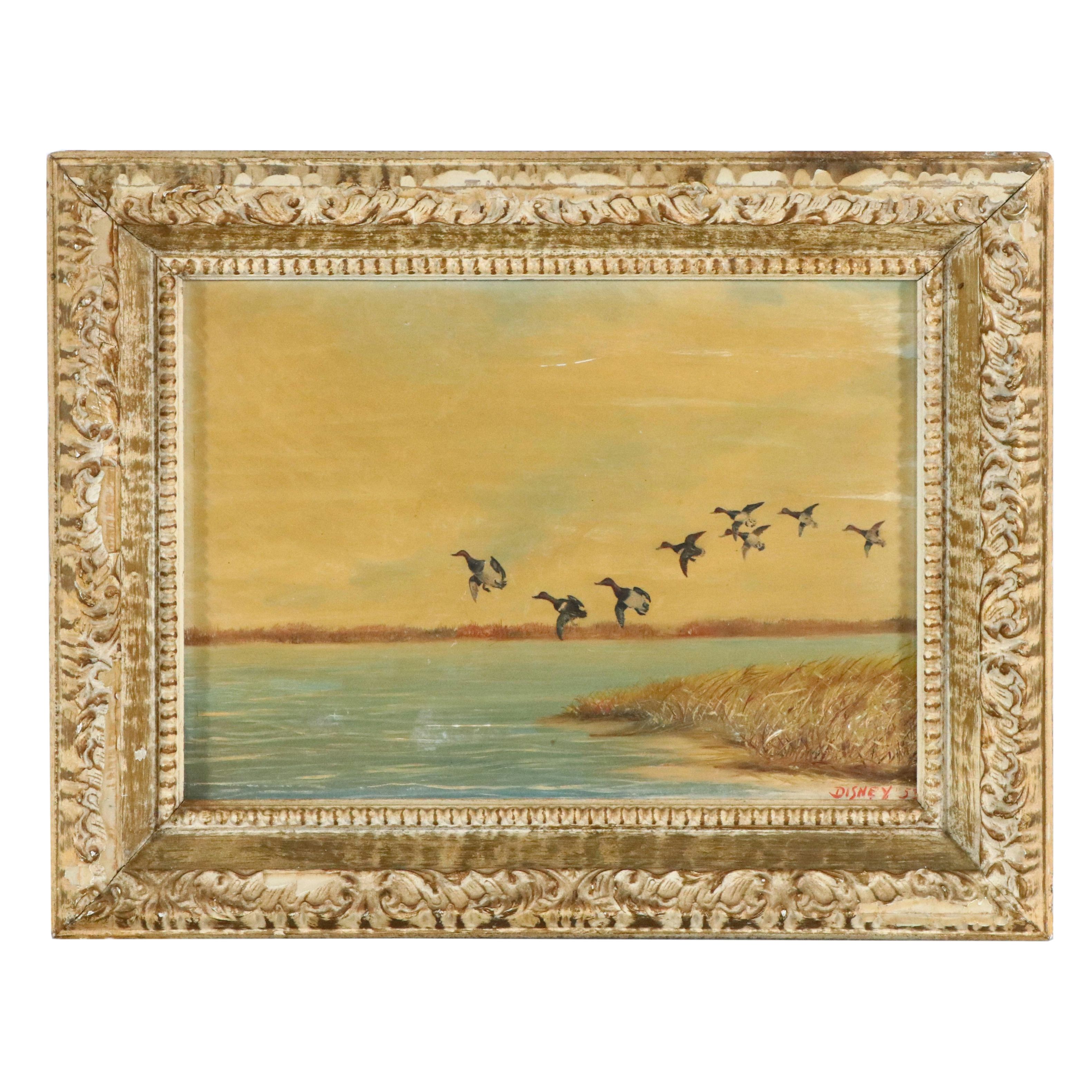 Landscape Oil Painting with Flying Mallards, 1953