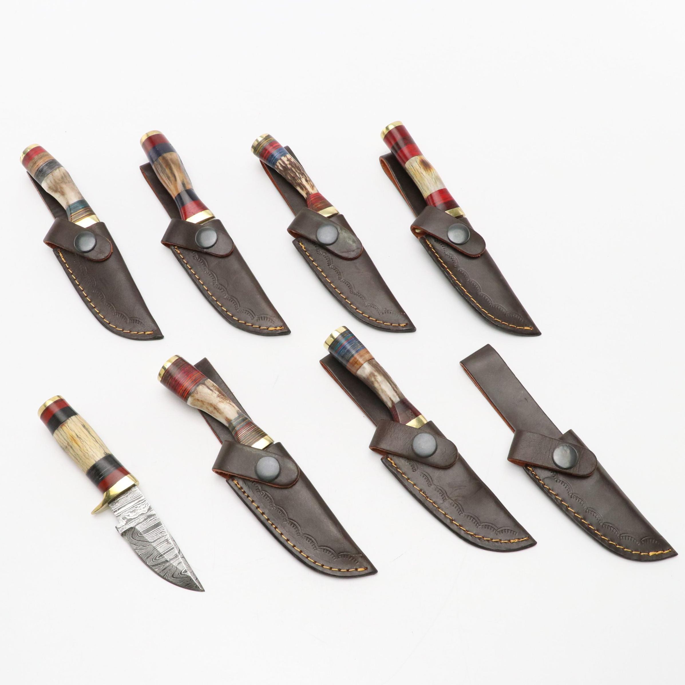 Damascus Steel and Antler Handled Skinner Knives in Leather Scabbard