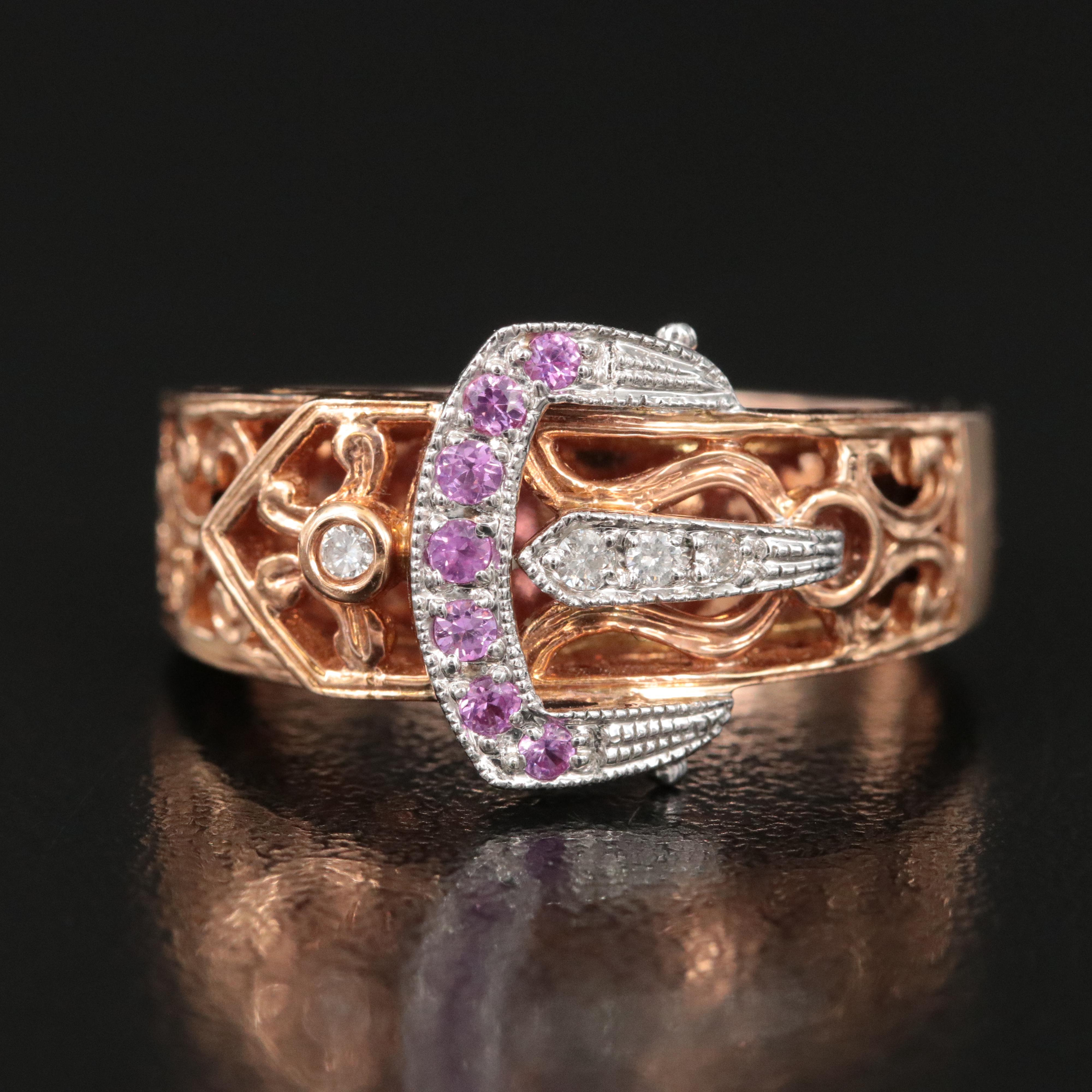 14K Diamond and Pink Sapphire Rose Gold Buckle Ring