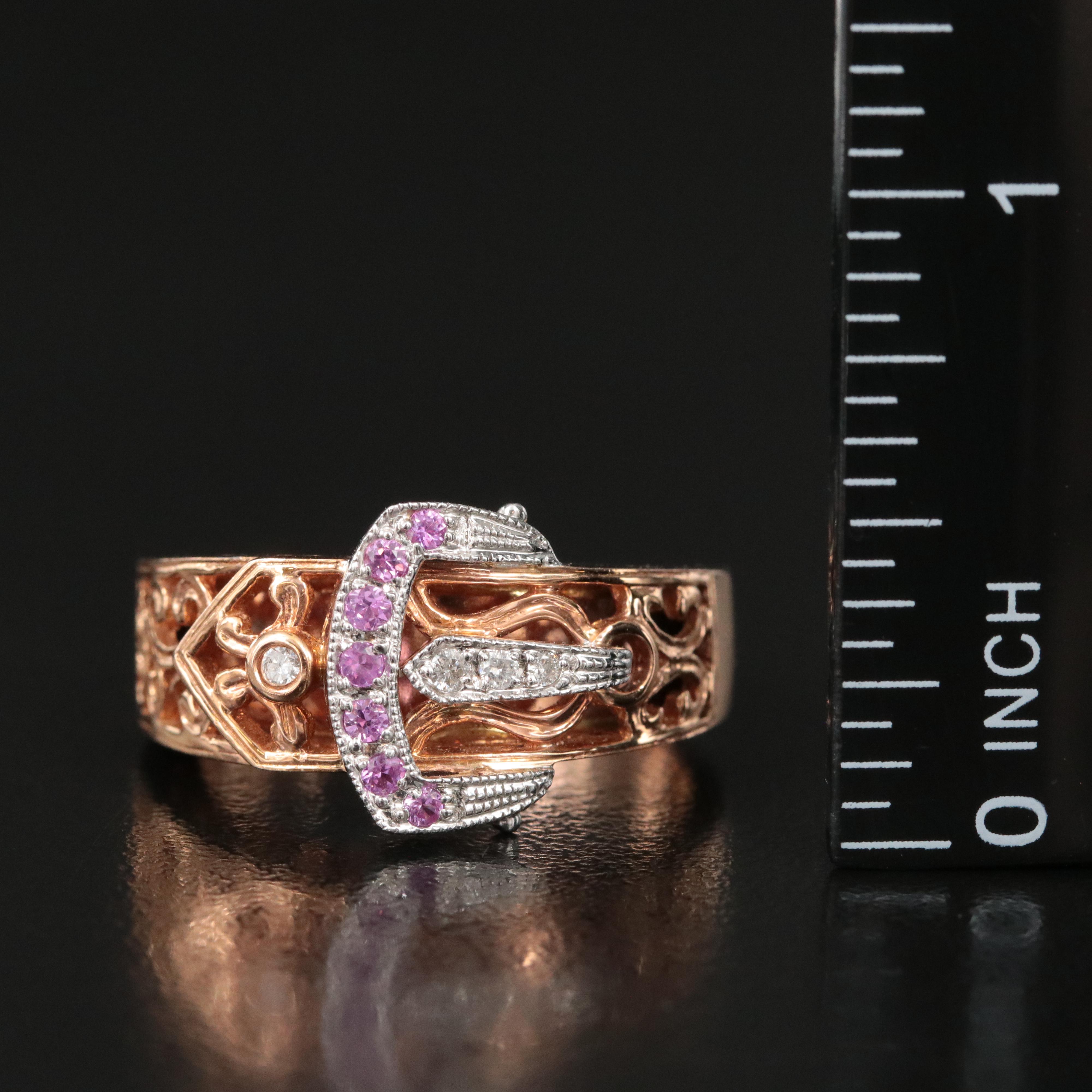 14K Diamond and Pink Sapphire Rose Gold Buckle Ring