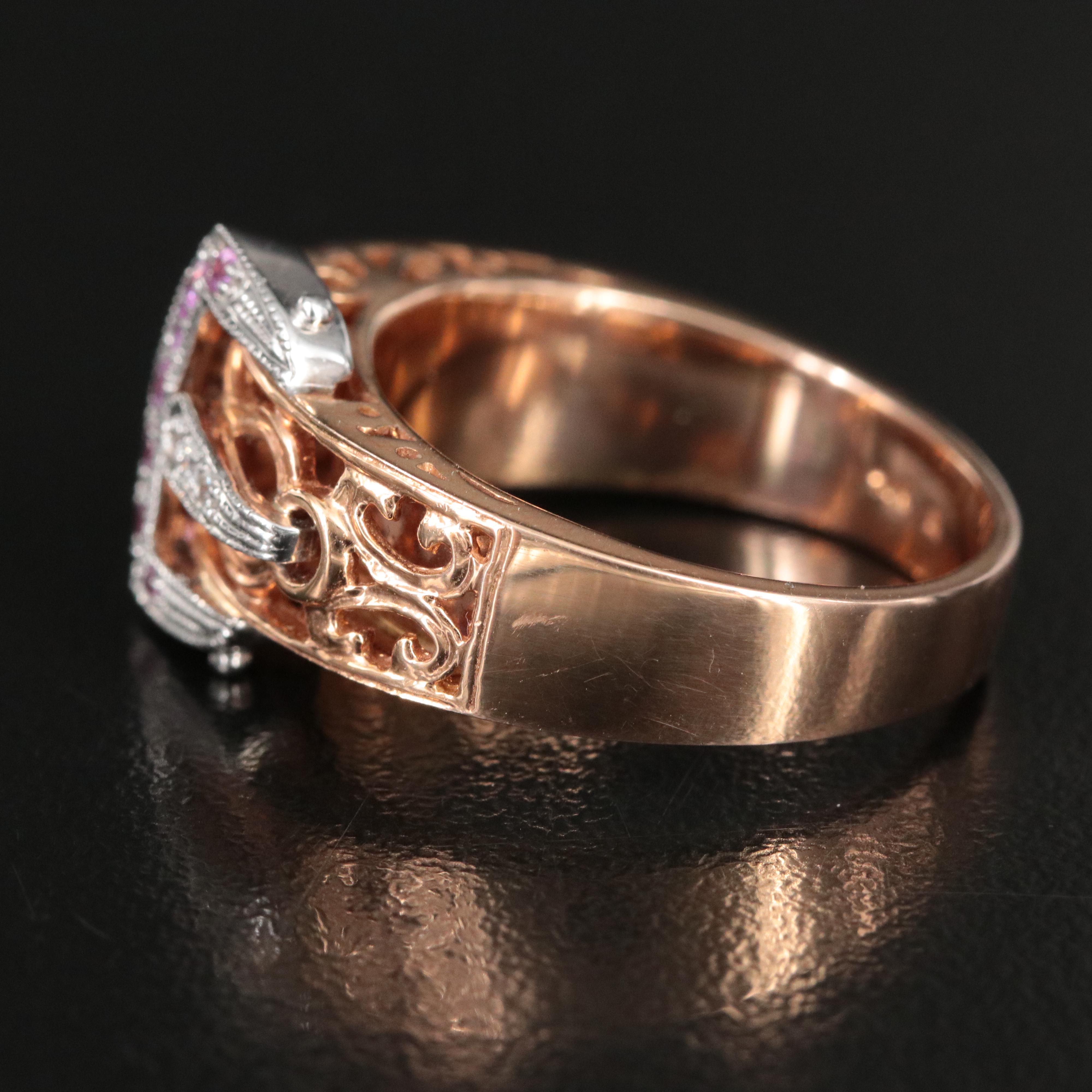 14K Diamond and Pink Sapphire Rose Gold Buckle Ring