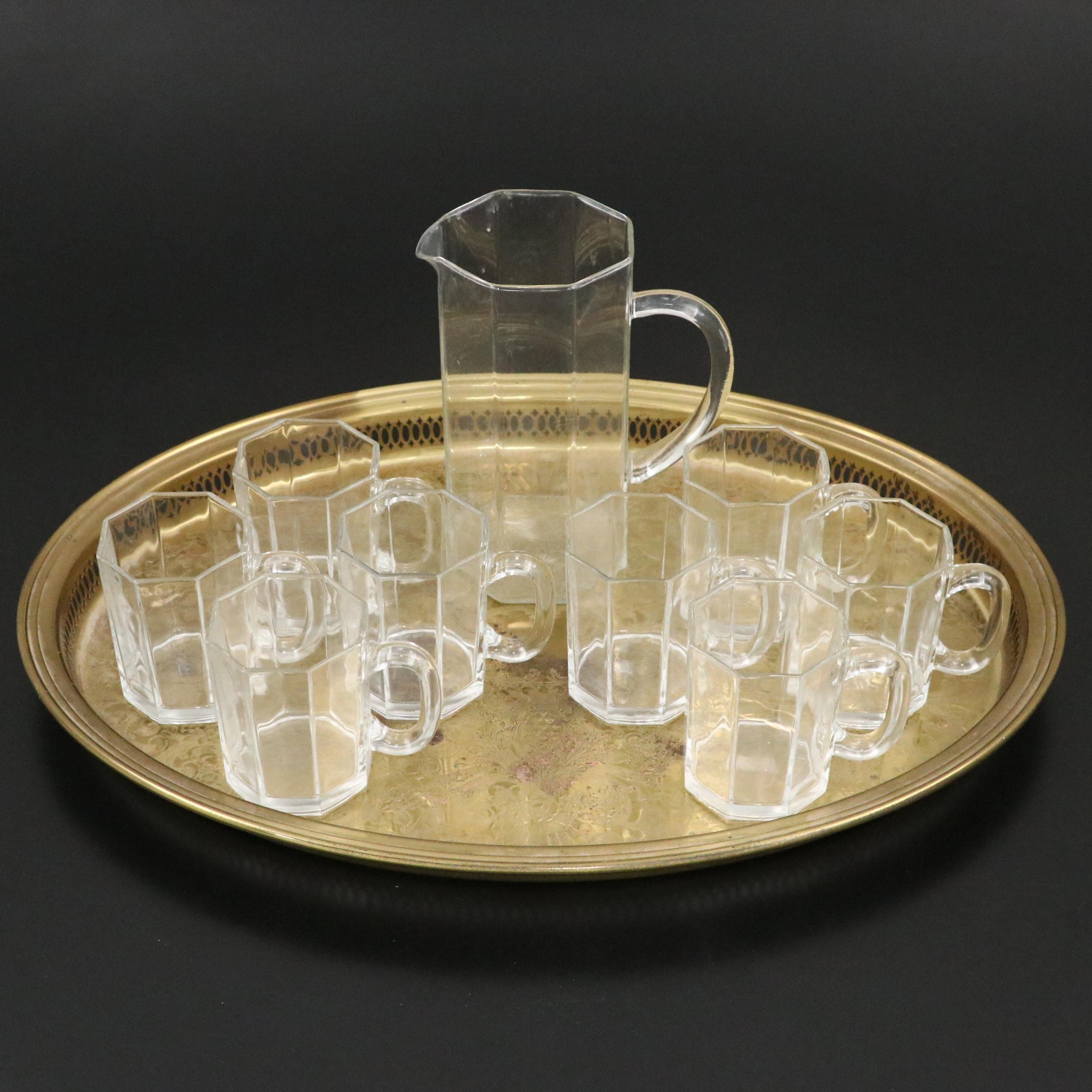 Arcoroc Glass Pitcher and Mugs with Brass Plated Serving Tray