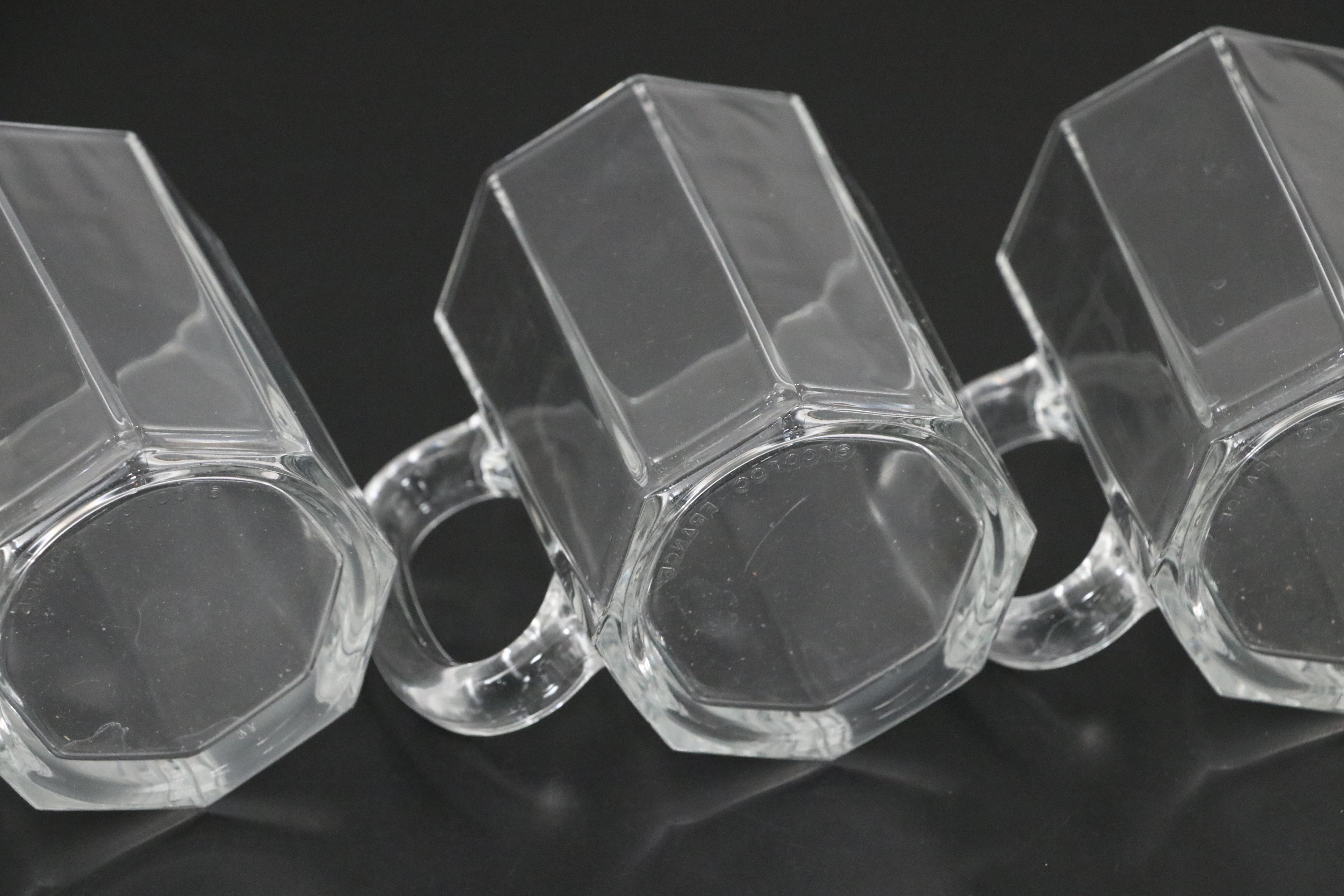 Arcoroc Glass Pitcher and Mugs with Brass Plated Serving Tray