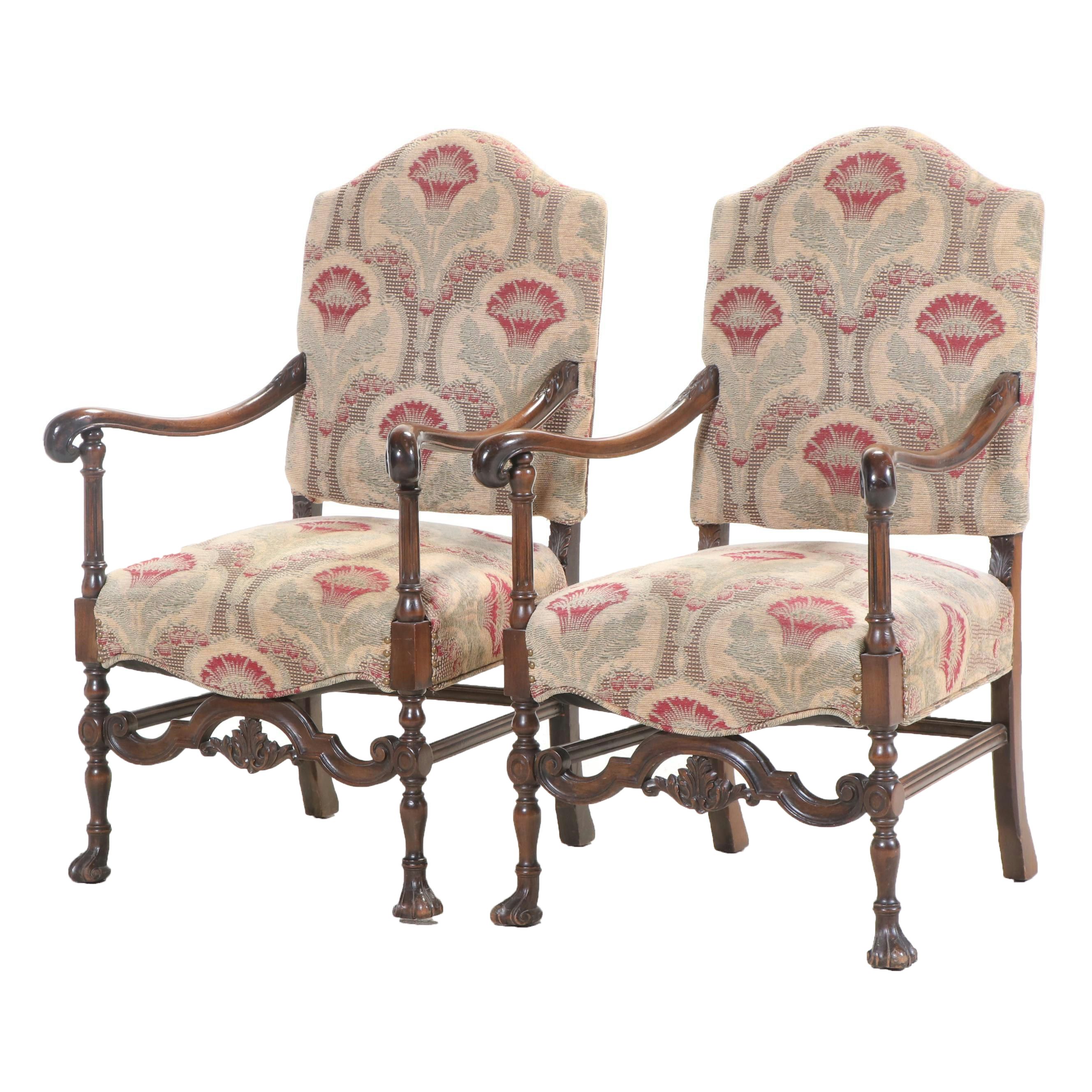 Pair of Baroque Style Walnut and Custom-Upholstered Armchairs