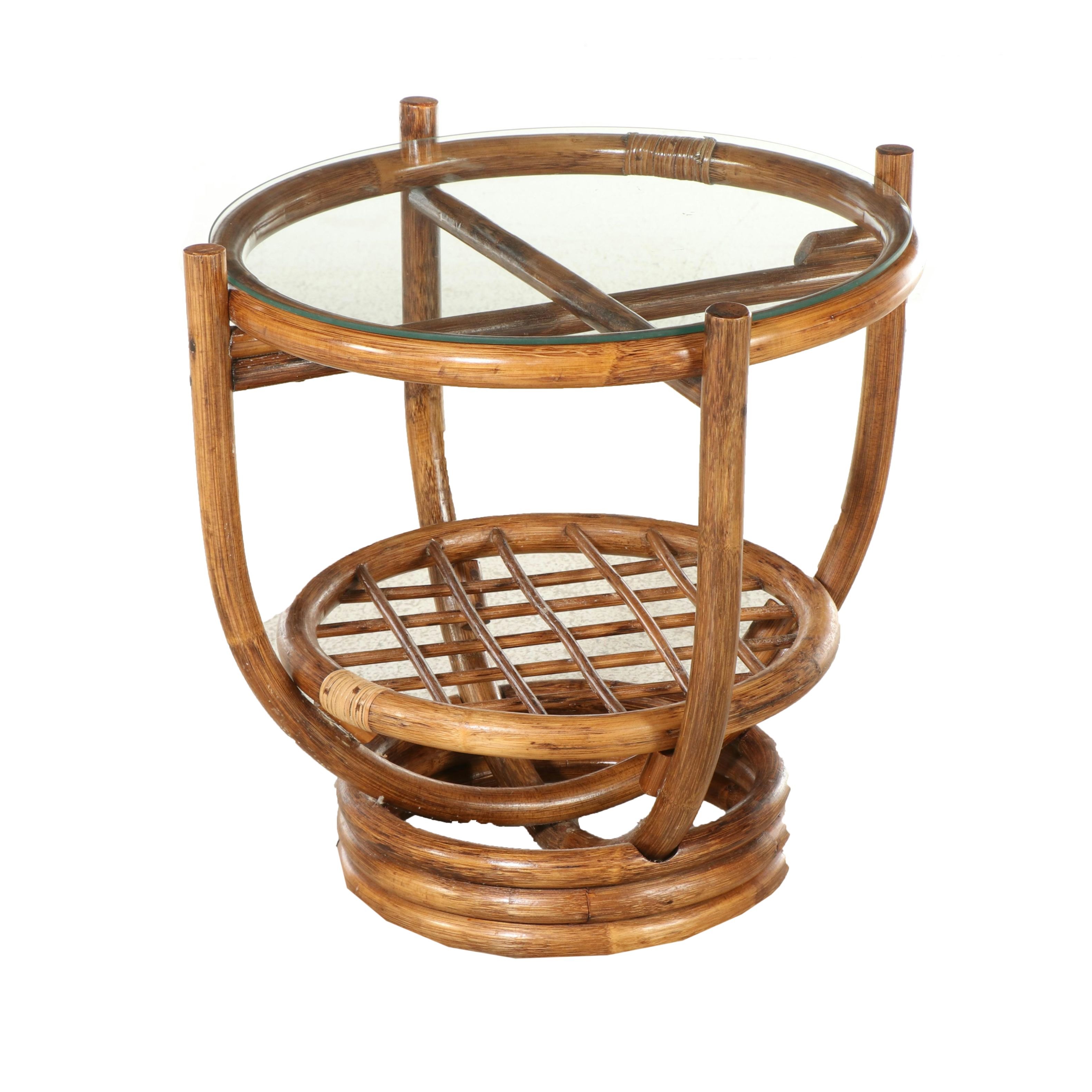 Rattan and Glass Top Side Table, Mid to Late 20th Century