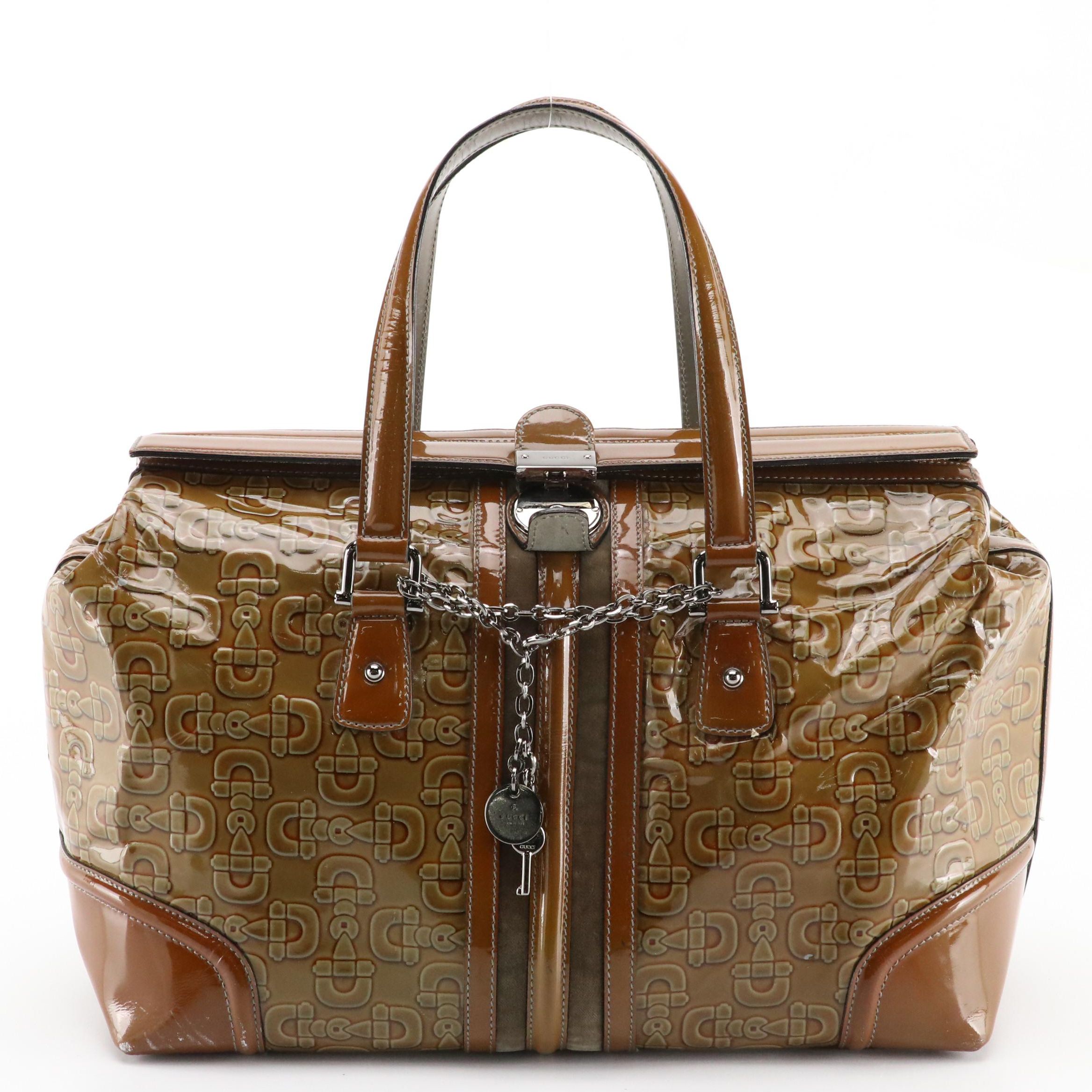 Gucci Large Treasure Boston Bag in Brown Horsebit Embossed Patent Leather