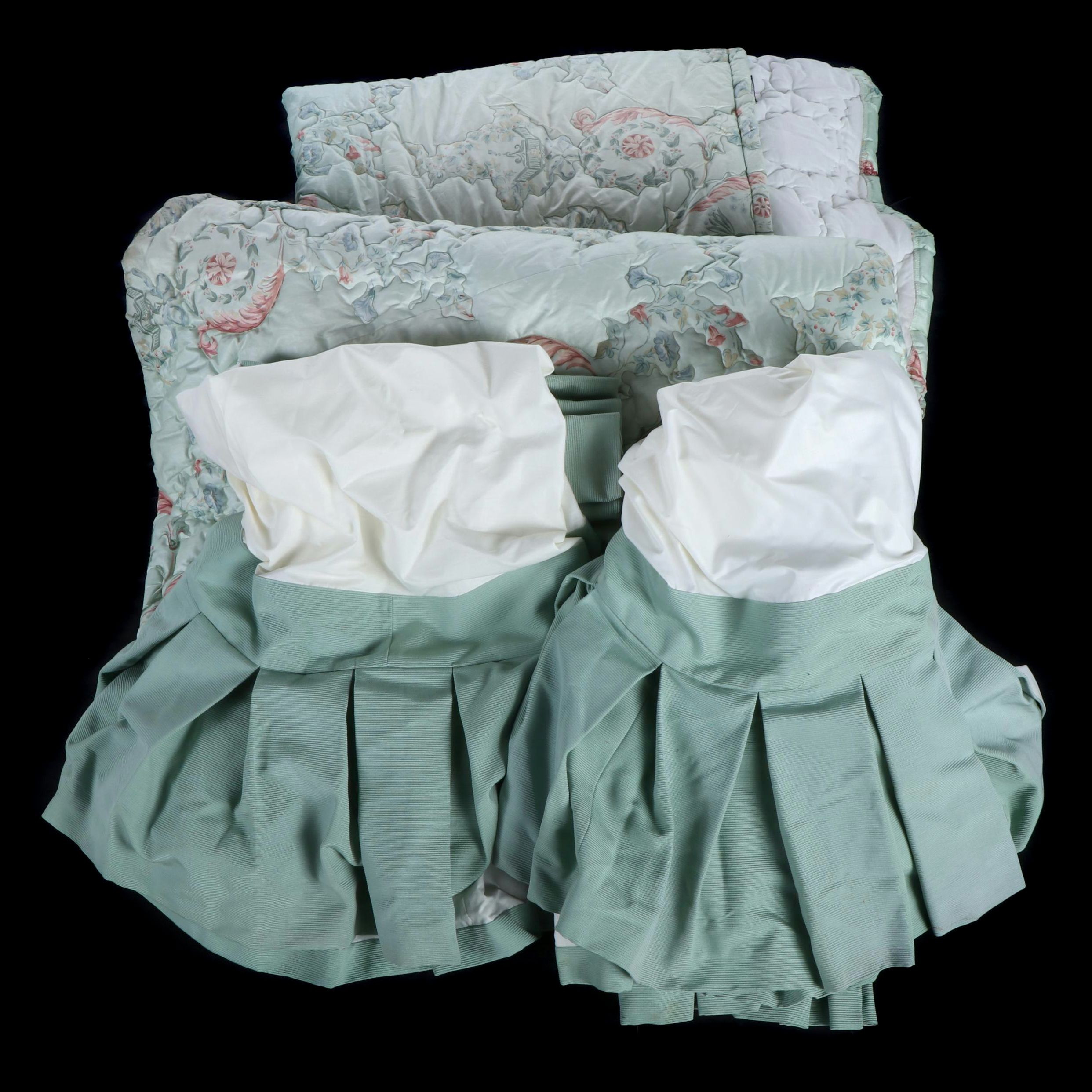 Pair of Twin DecoQuilt Padded Chintz Coverlets with Box Pleated Bed Skirts