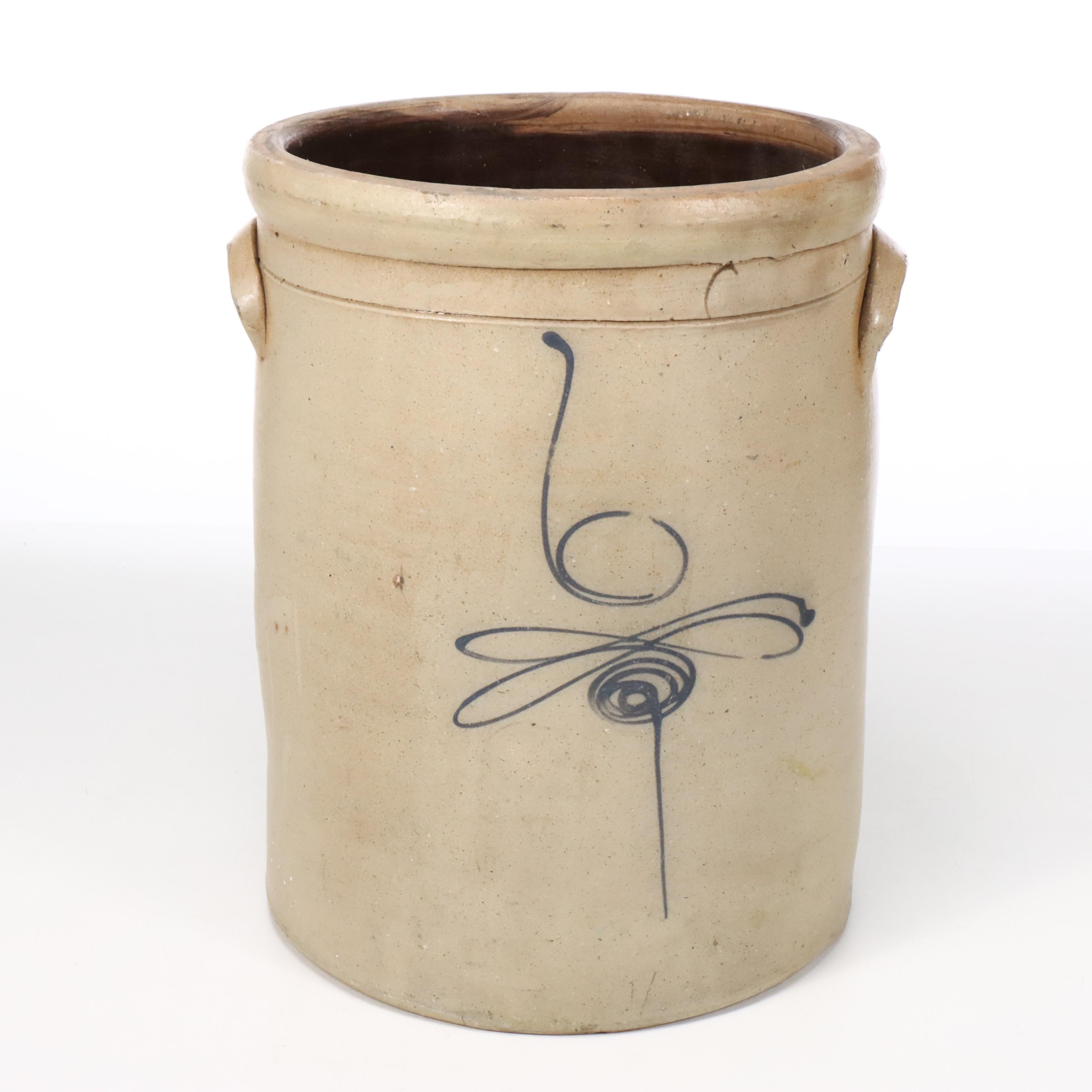 Ohio and Red Wing Stoneware Crocks with Ceramic Chicken Feeder