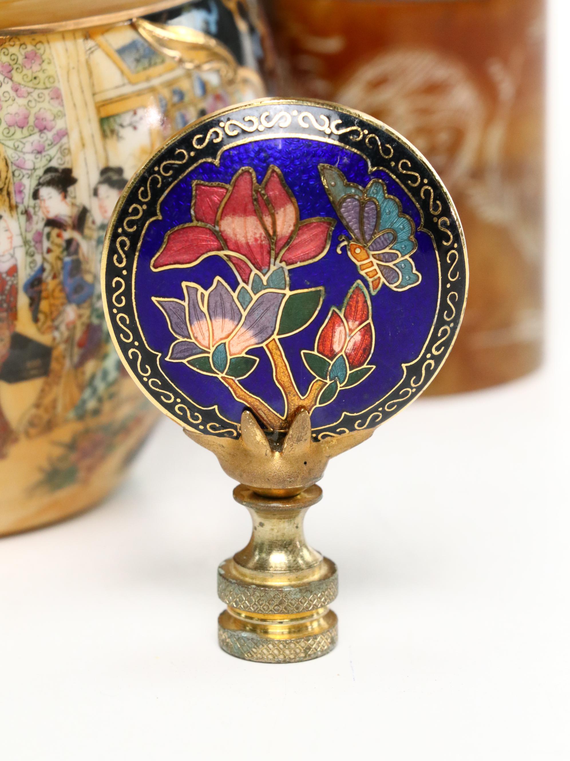 Chinese Carved Soapstone Two Dragon Figure, Porcelain Bowl, Cloisonné Finial