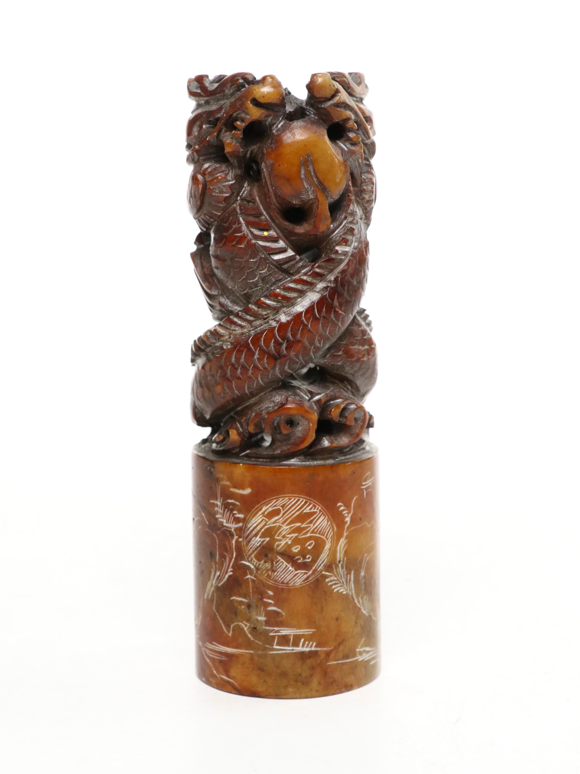 Chinese Carved Soapstone Two Dragon Figure, Porcelain Bowl, Cloisonné Finial