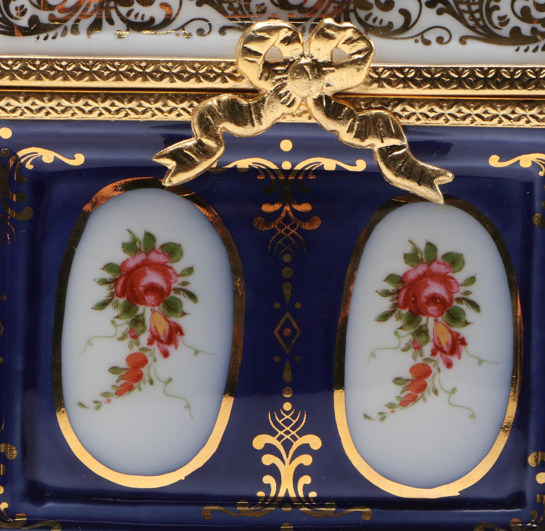 Limoges Style Porcelain Casket Box and Victorian Style Flow Blue Vase, 20th C.