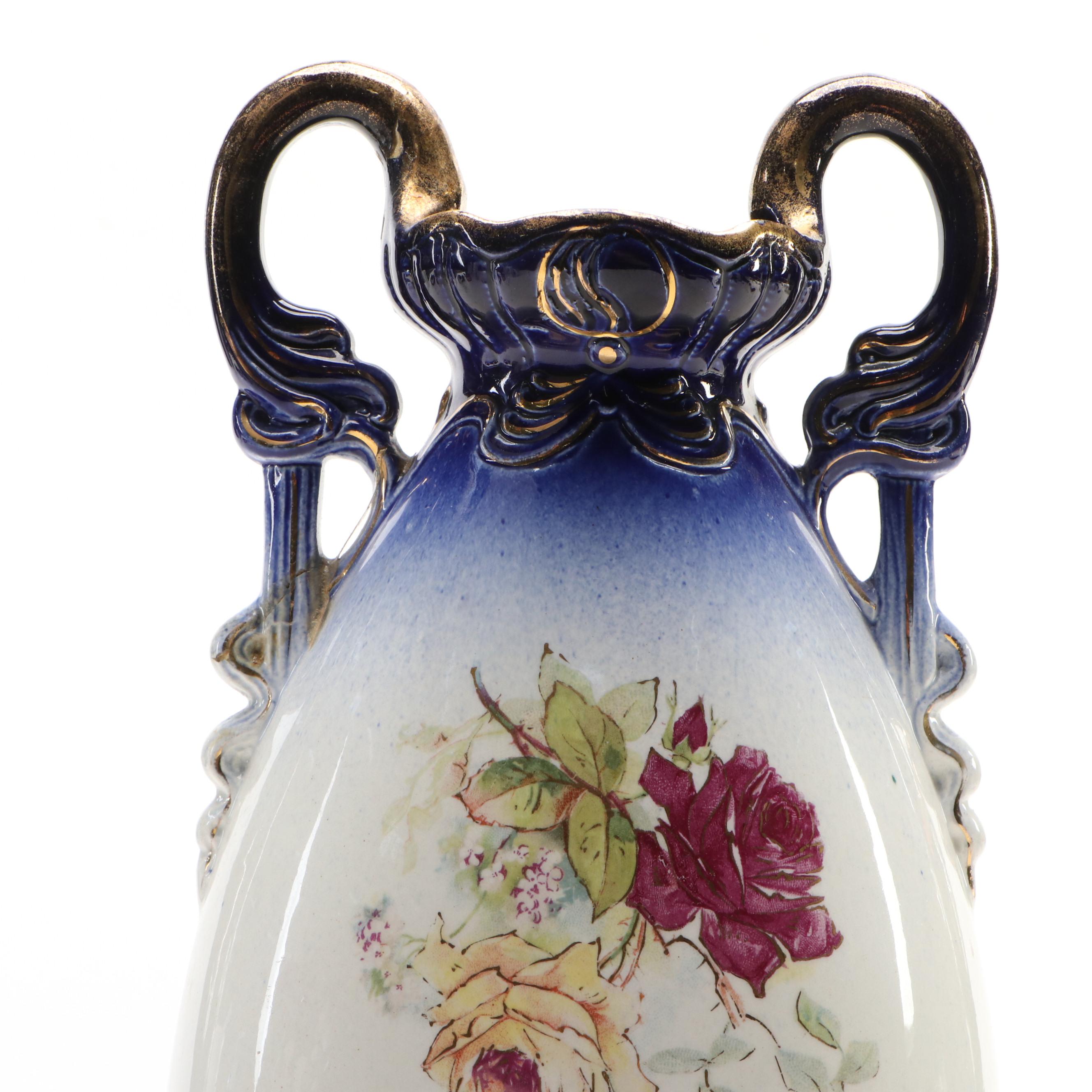 Limoges Style Porcelain Casket Box and Victorian Style Flow Blue Vase, 20th C.