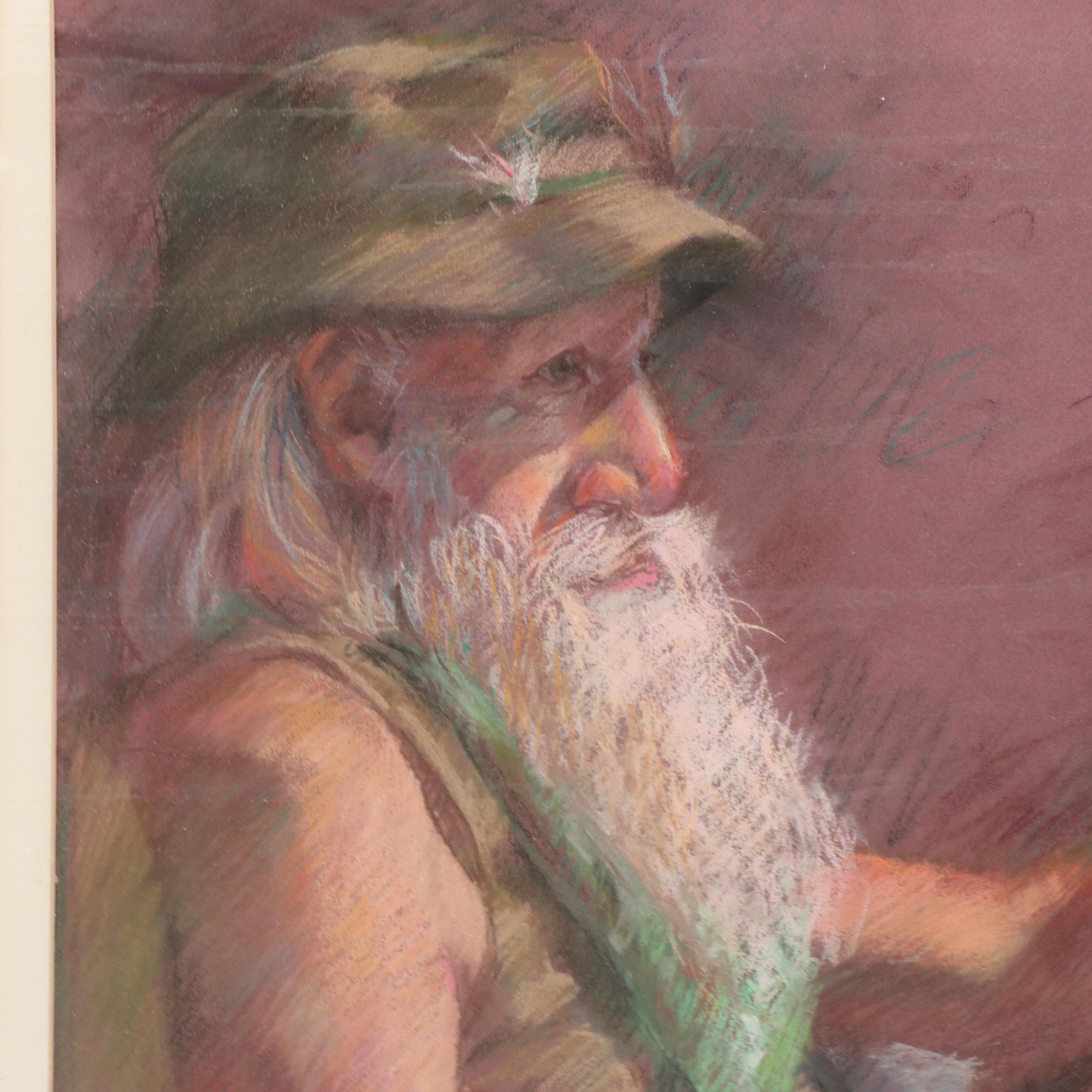 David Mueller Pastel Drawing with Portrait of an Older Man, Late 20th Century