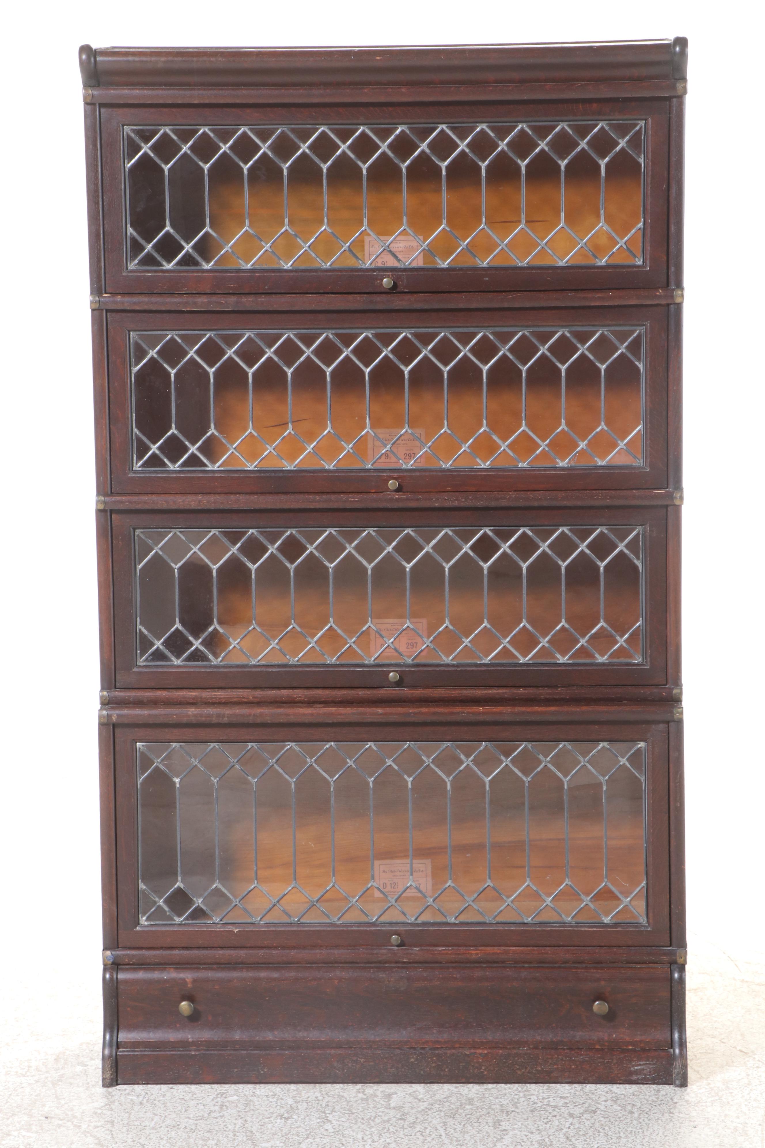 Globe-Wernicke Quartersawn Oak and Leaded Glass Four-Stack Barrister's Bookcase