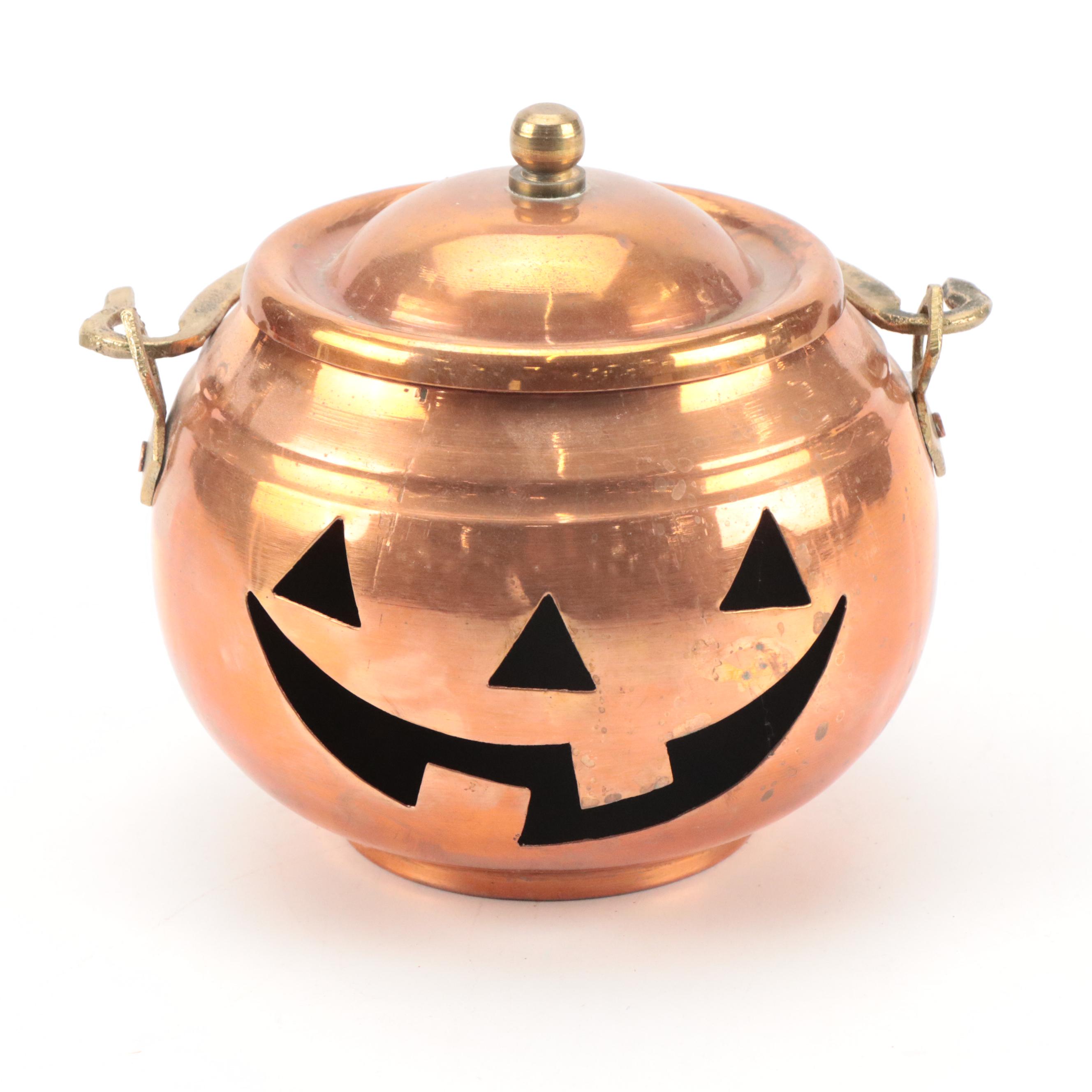 Halloween Jack-O-Lantern Copper Pot Candles with Antique Brass Cauldron