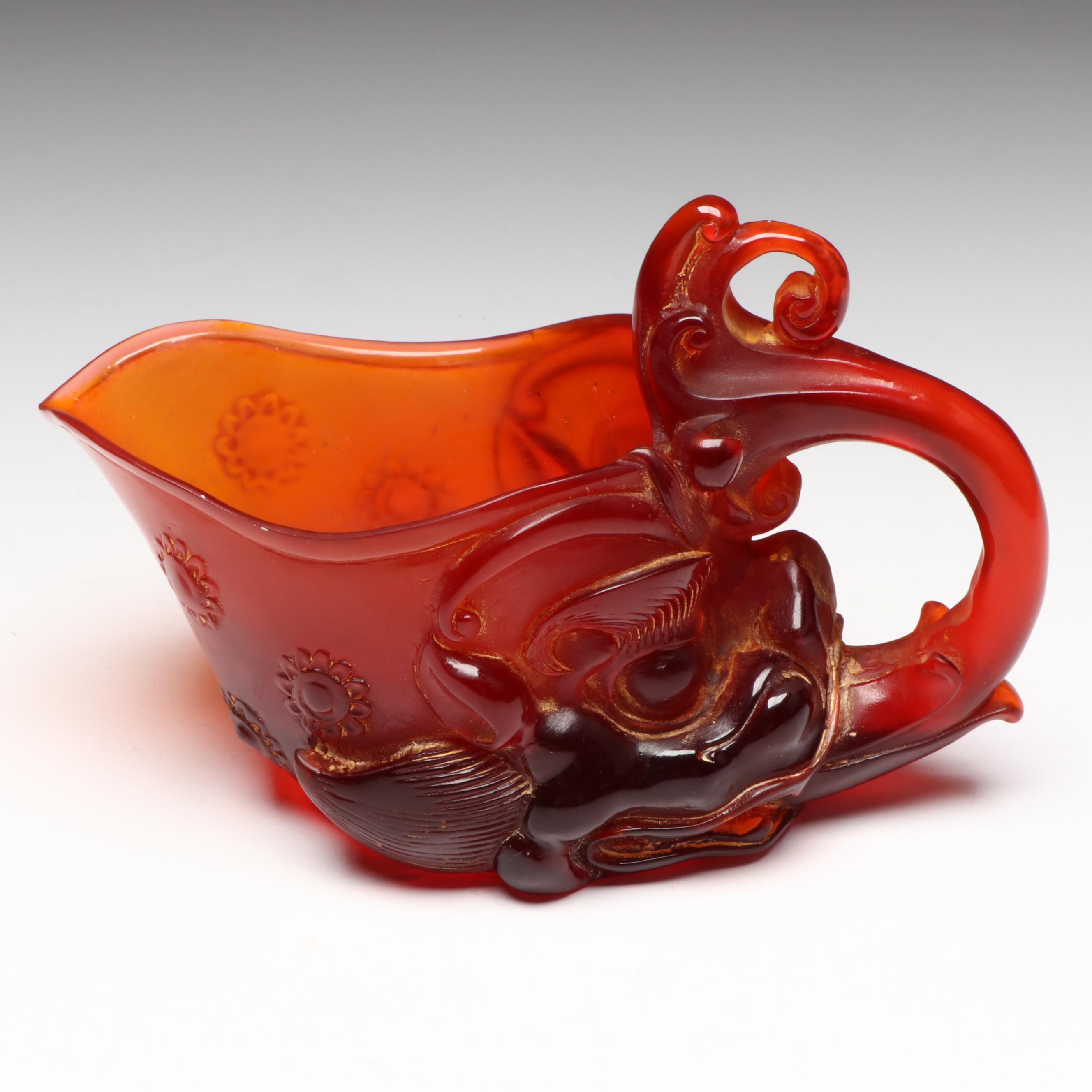 Chinese Carved Amber Resin Dragon Goblet, 20th Century