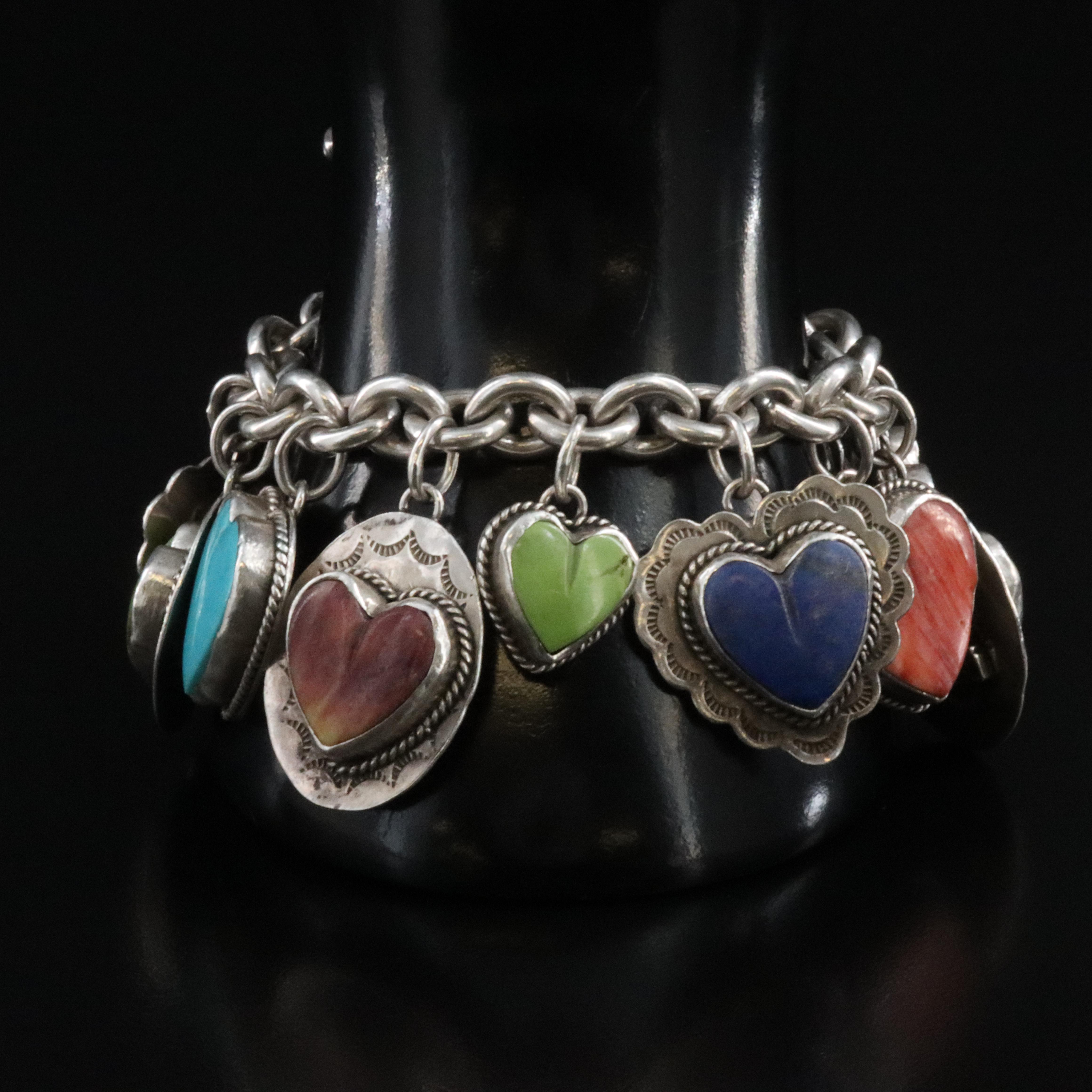 Joan Slifka Sterling Heart Charm Bracelet Including Turquoise and Lapis Lazuli