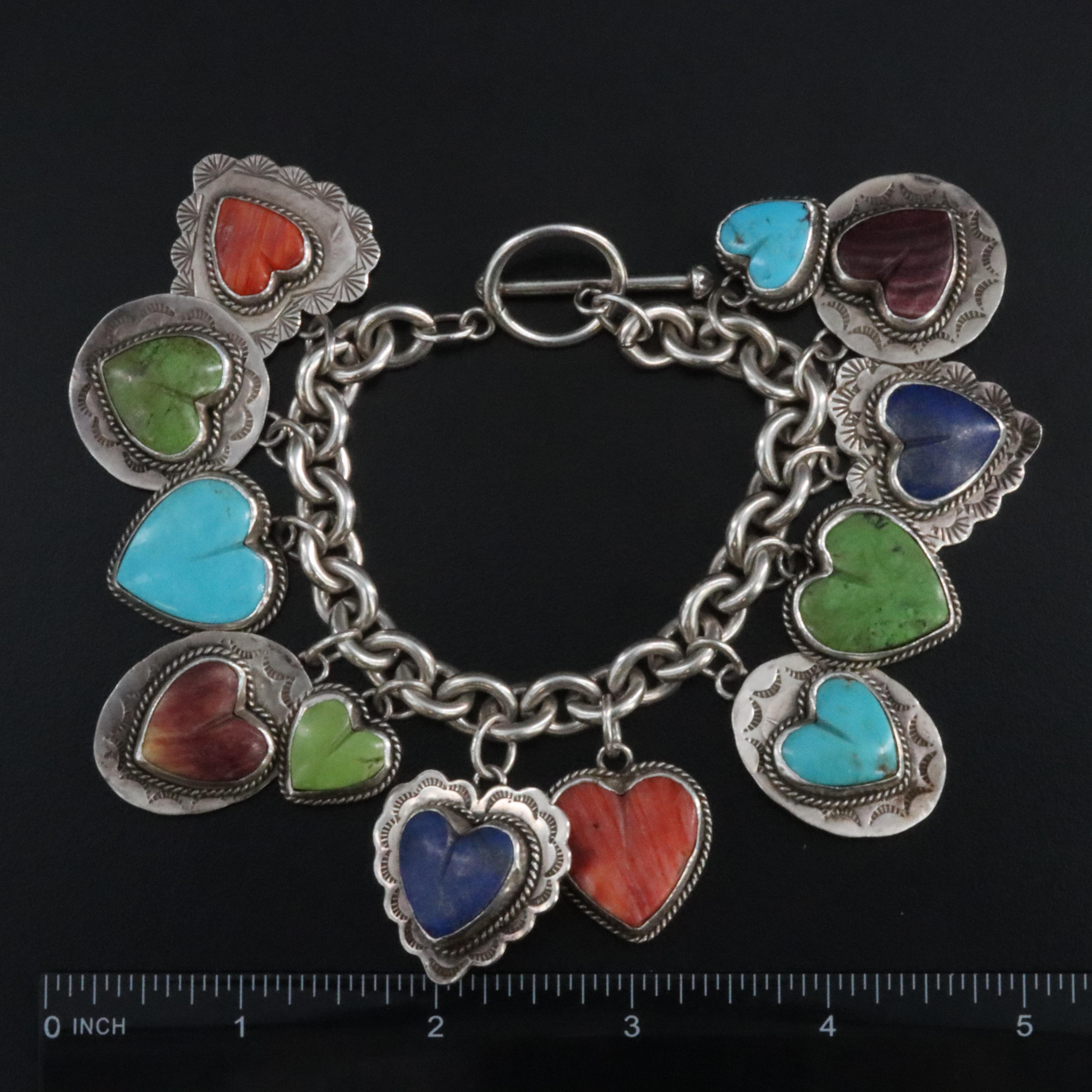 Joan Slifka Sterling Heart Charm Bracelet Including Turquoise and Lapis Lazuli