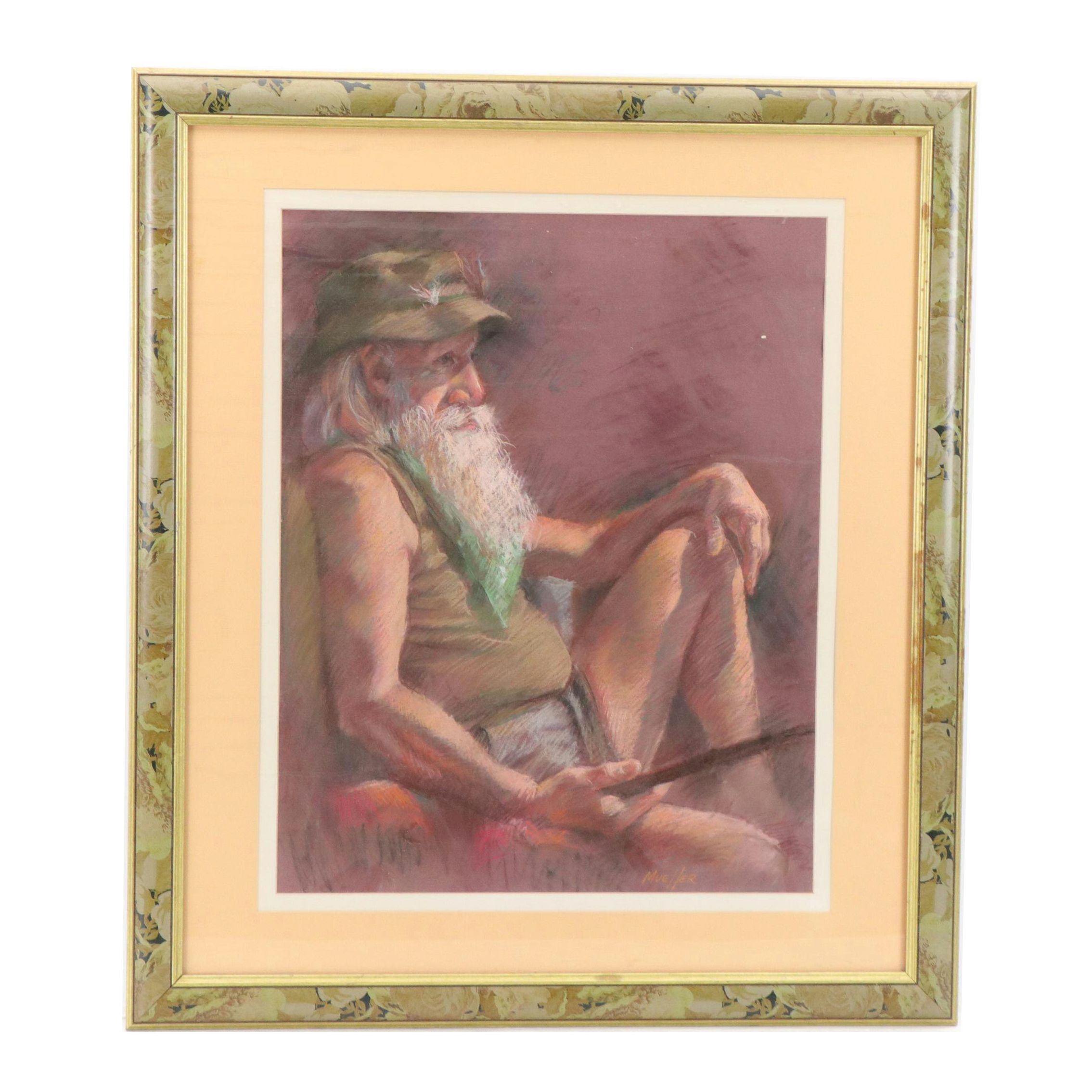David Mueller Pastel Drawing with Portrait of an Older Man, Late 20th Century