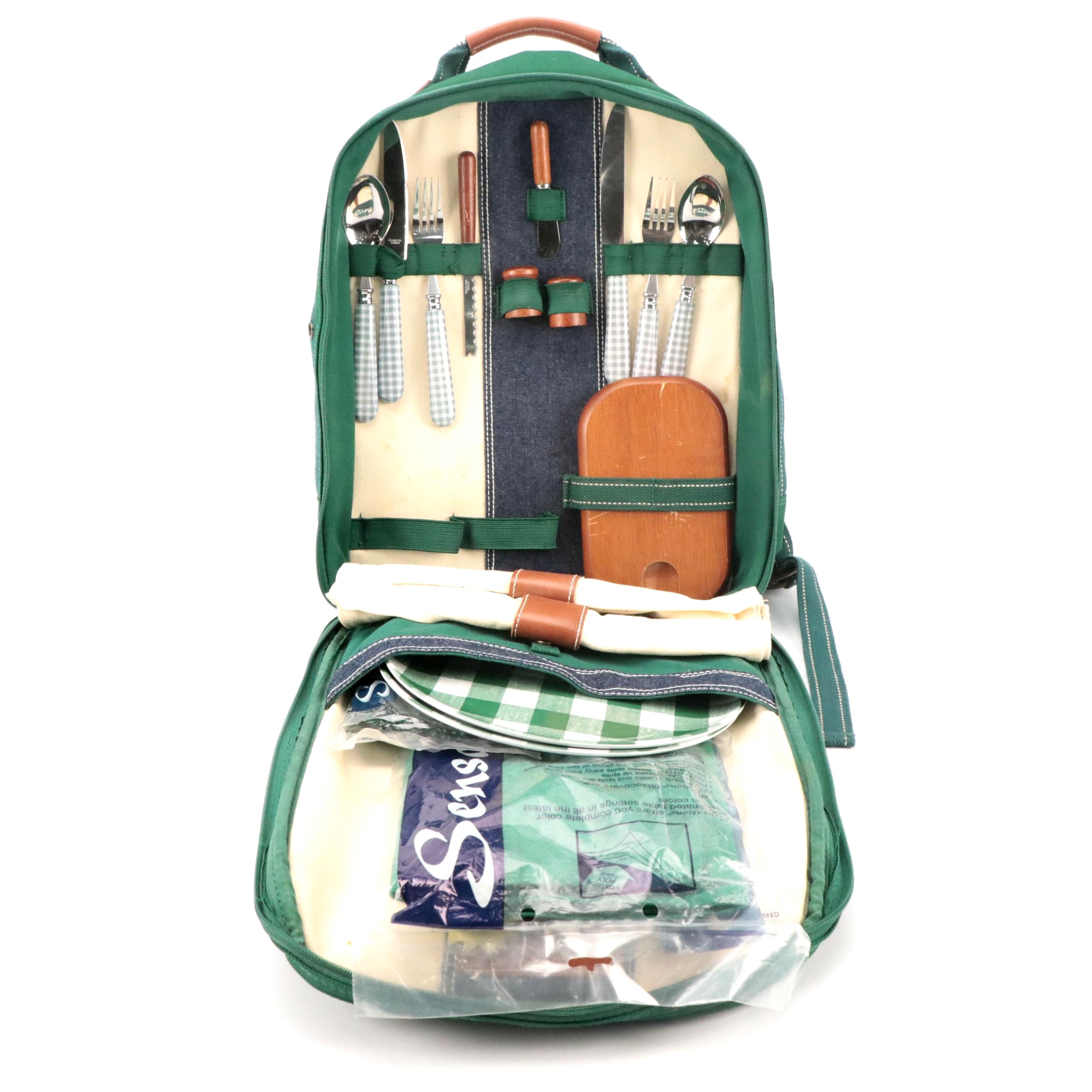 Brookstone Picnic Kit in Green Canvas Backpack