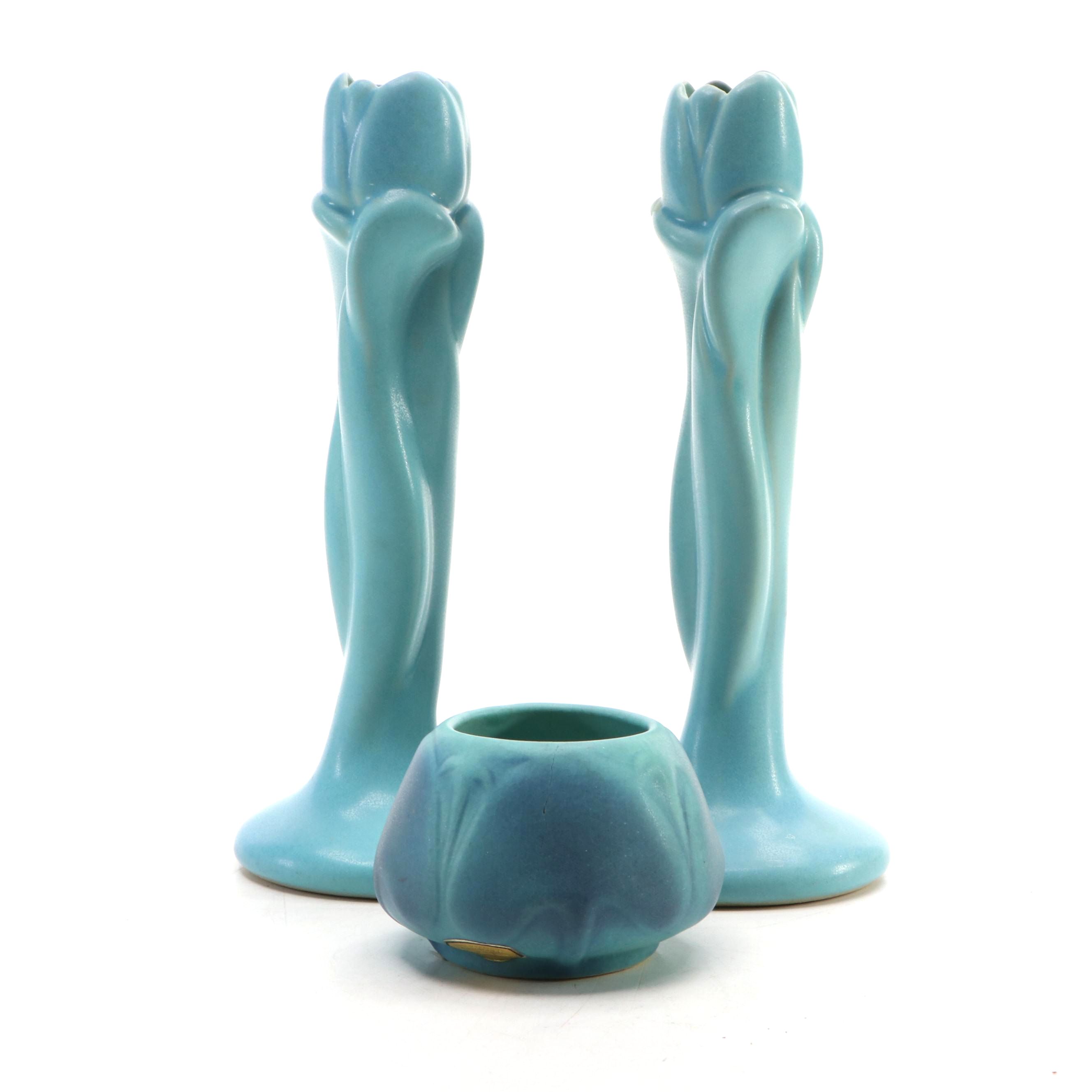 Van Briggle Pottery Blue Glaze Tulip Candle Holders and Vase
