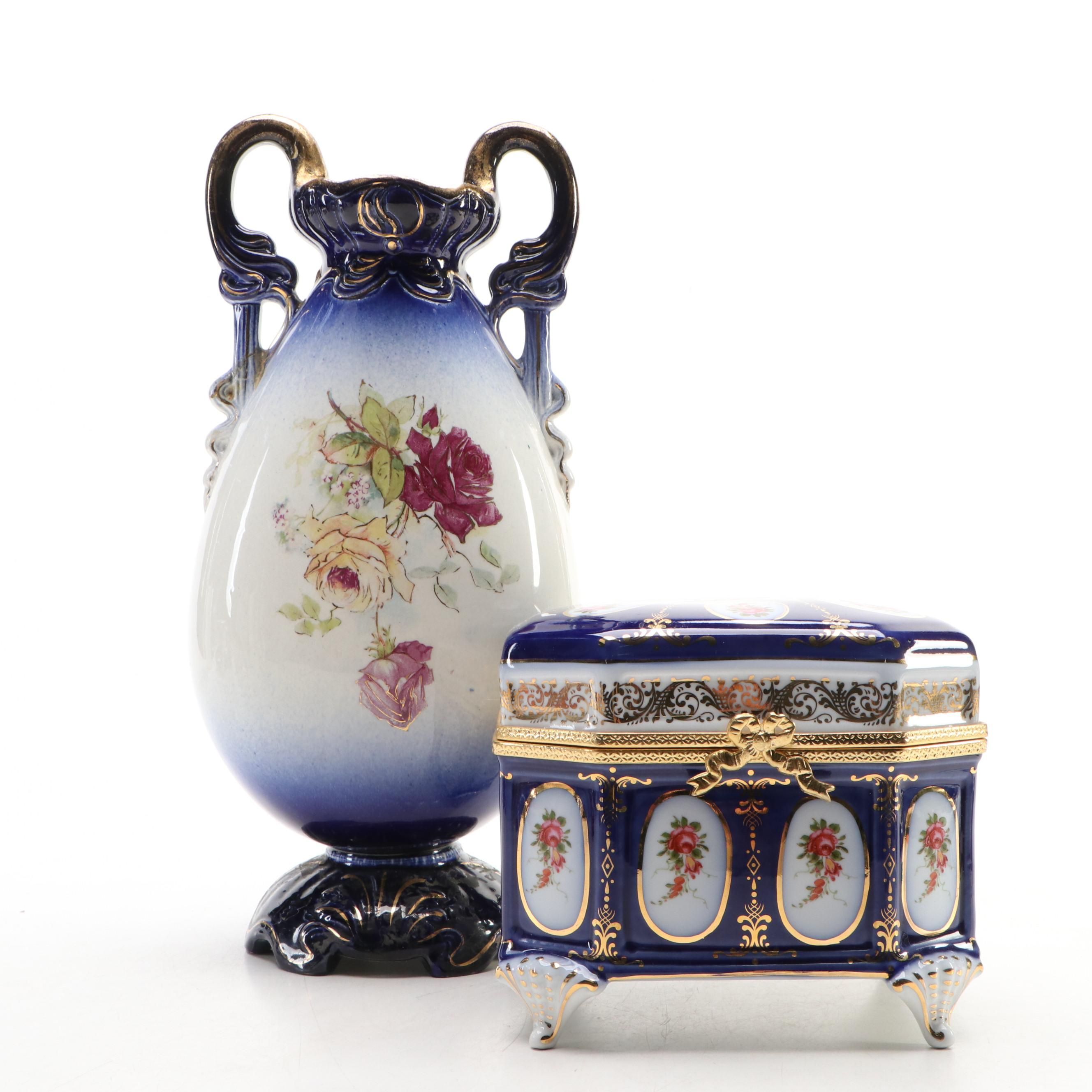 Limoges Style Porcelain Casket Box and Victorian Style Flow Blue Vase, 20th C.