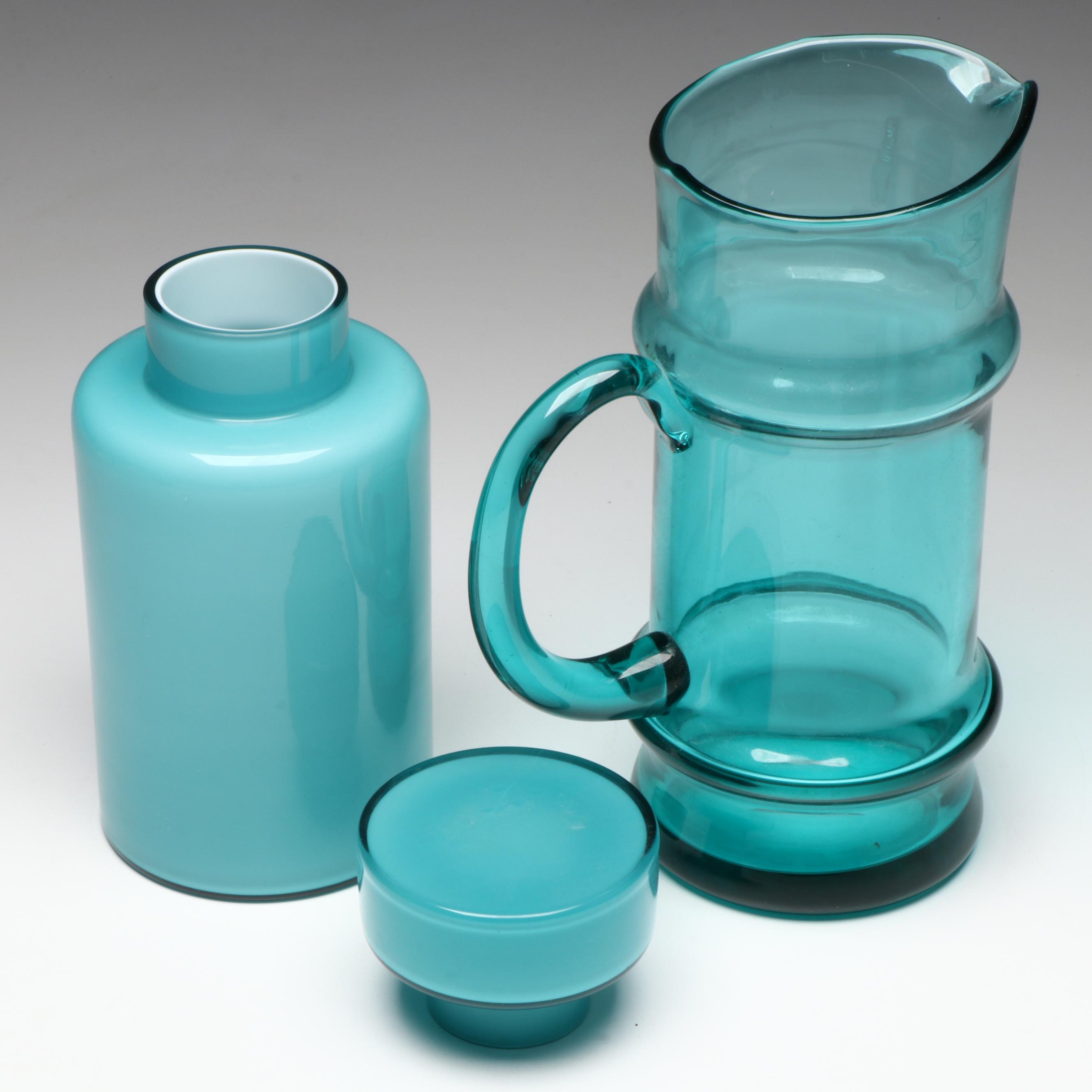 French Style Opaline Glass Bottle with Other Blue Glass Tableware
