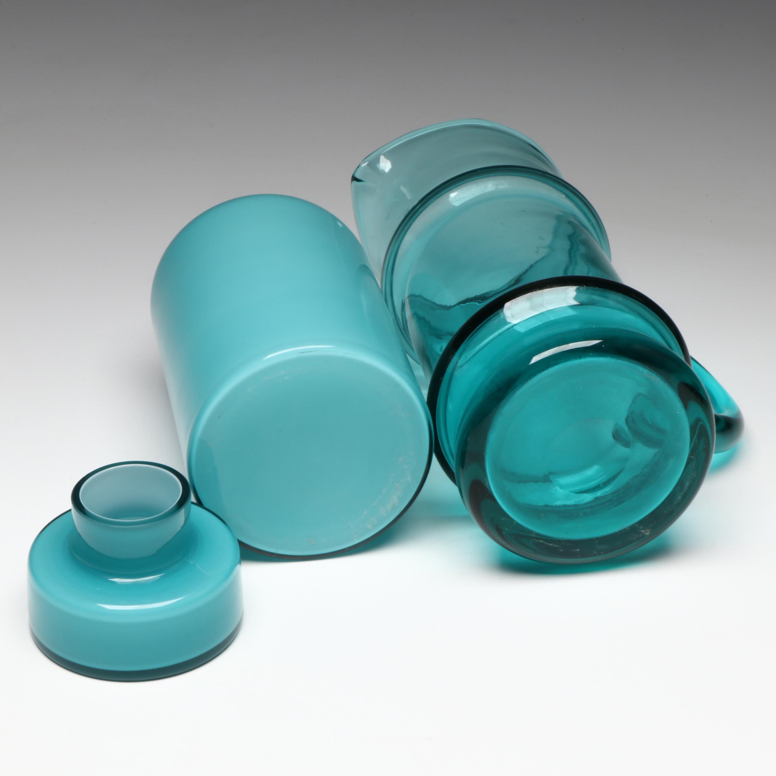 French Style Opaline Glass Bottle with Other Blue Glass Tableware