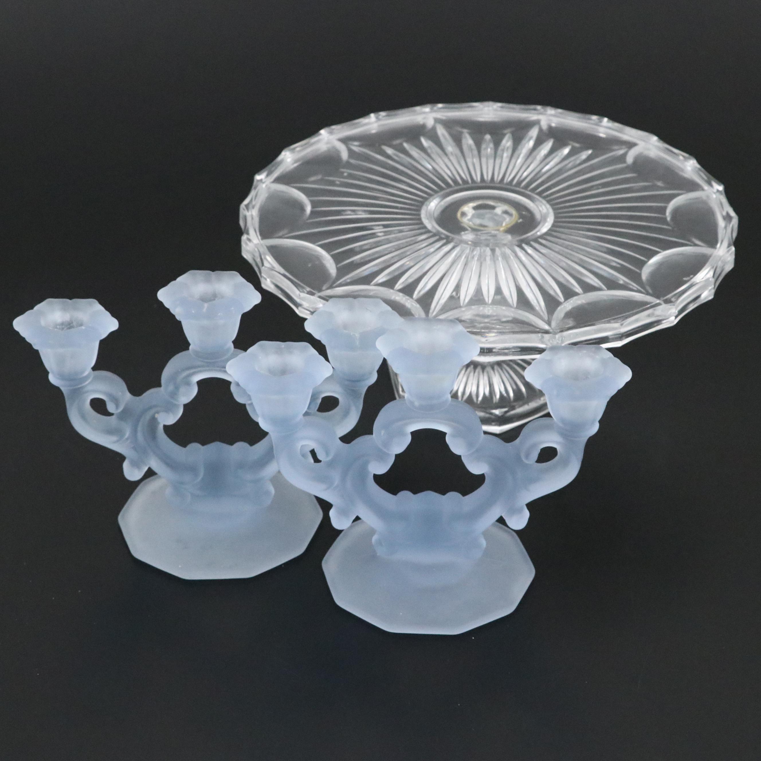 Pair of Cambridge Blue Frosted Glass Candle Holders and EAPG Cake Stand
