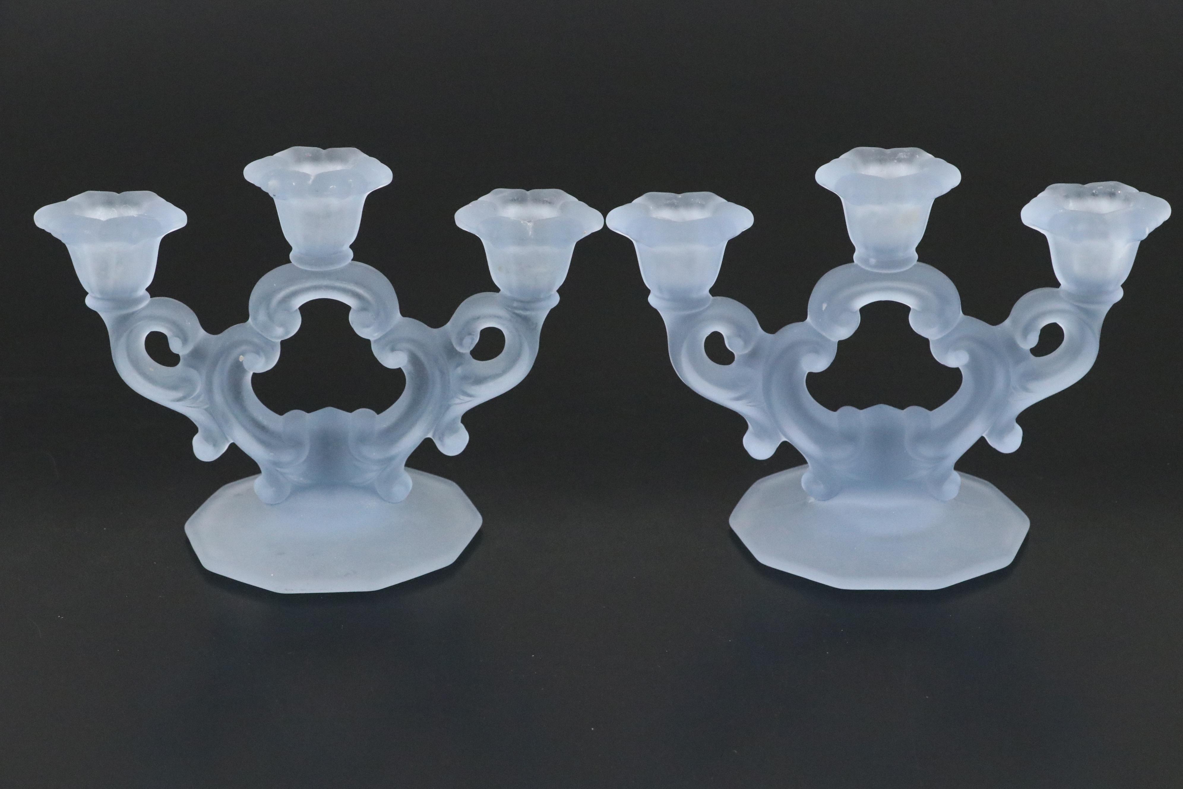 Pair of Cambridge Blue Frosted Glass Candle Holders and EAPG Cake Stand
