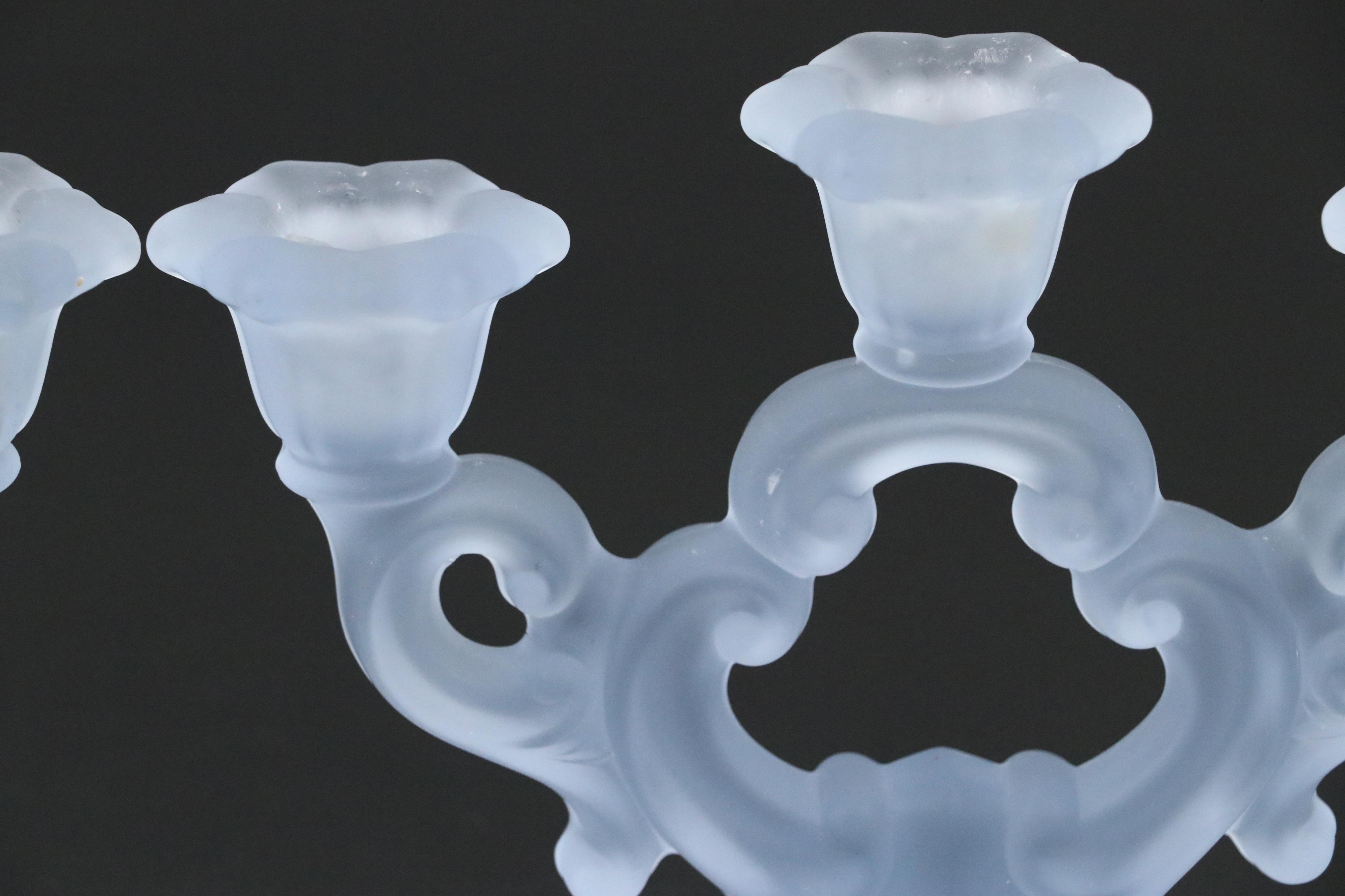 Pair of Cambridge Blue Frosted Glass Candle Holders and EAPG Cake Stand