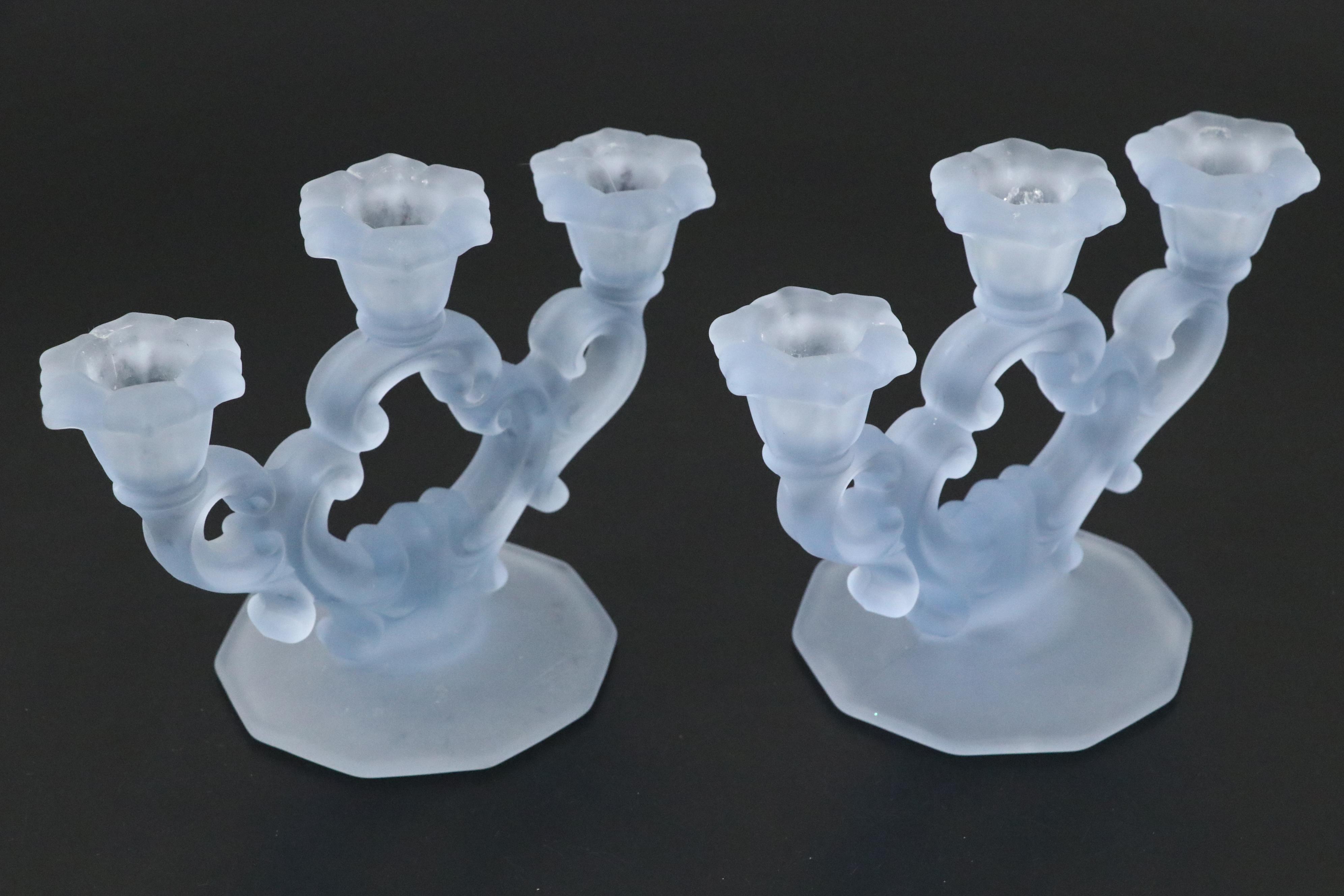 Pair of Cambridge Blue Frosted Glass Candle Holders and EAPG Cake Stand