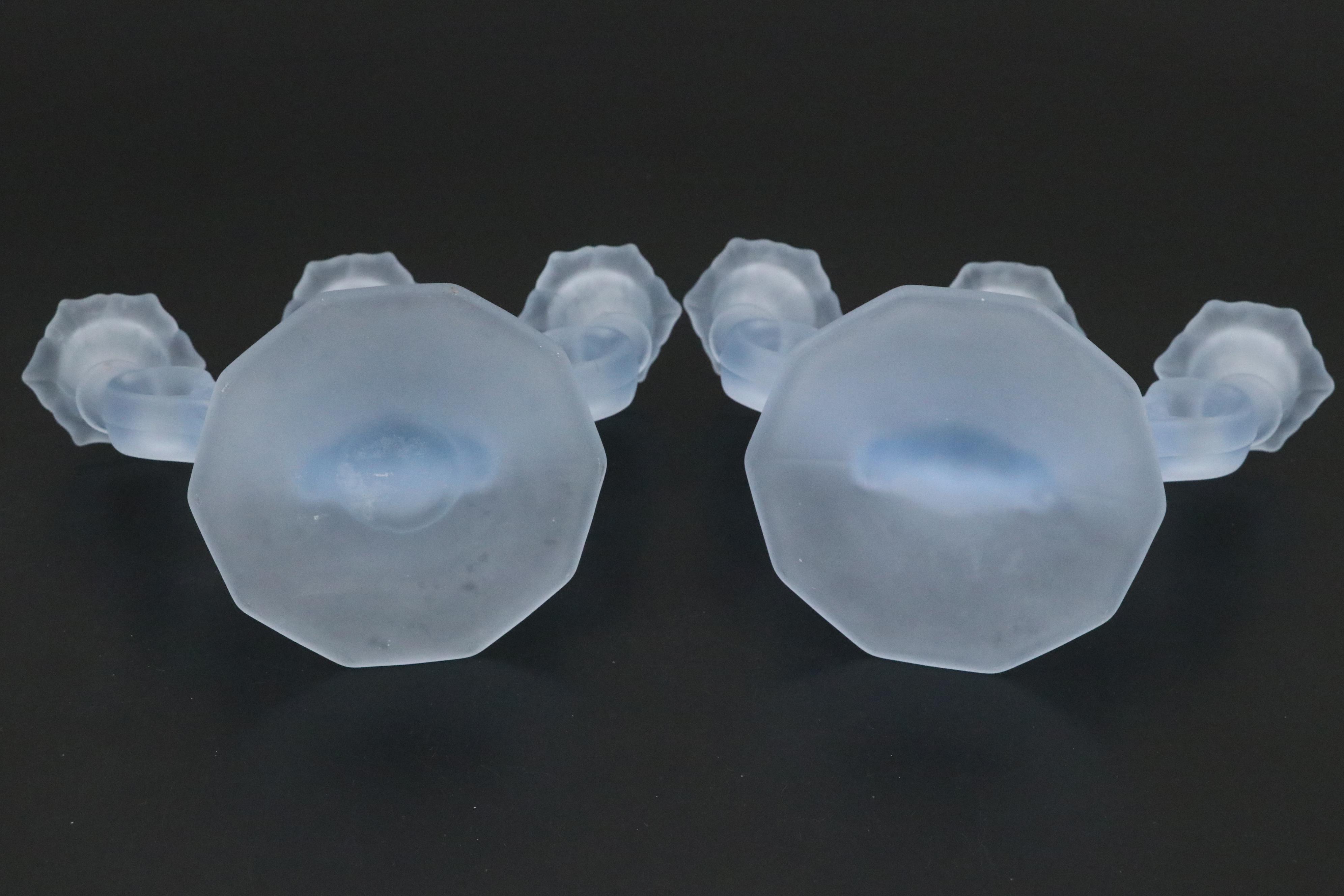 Pair of Cambridge Blue Frosted Glass Candle Holders and EAPG Cake Stand