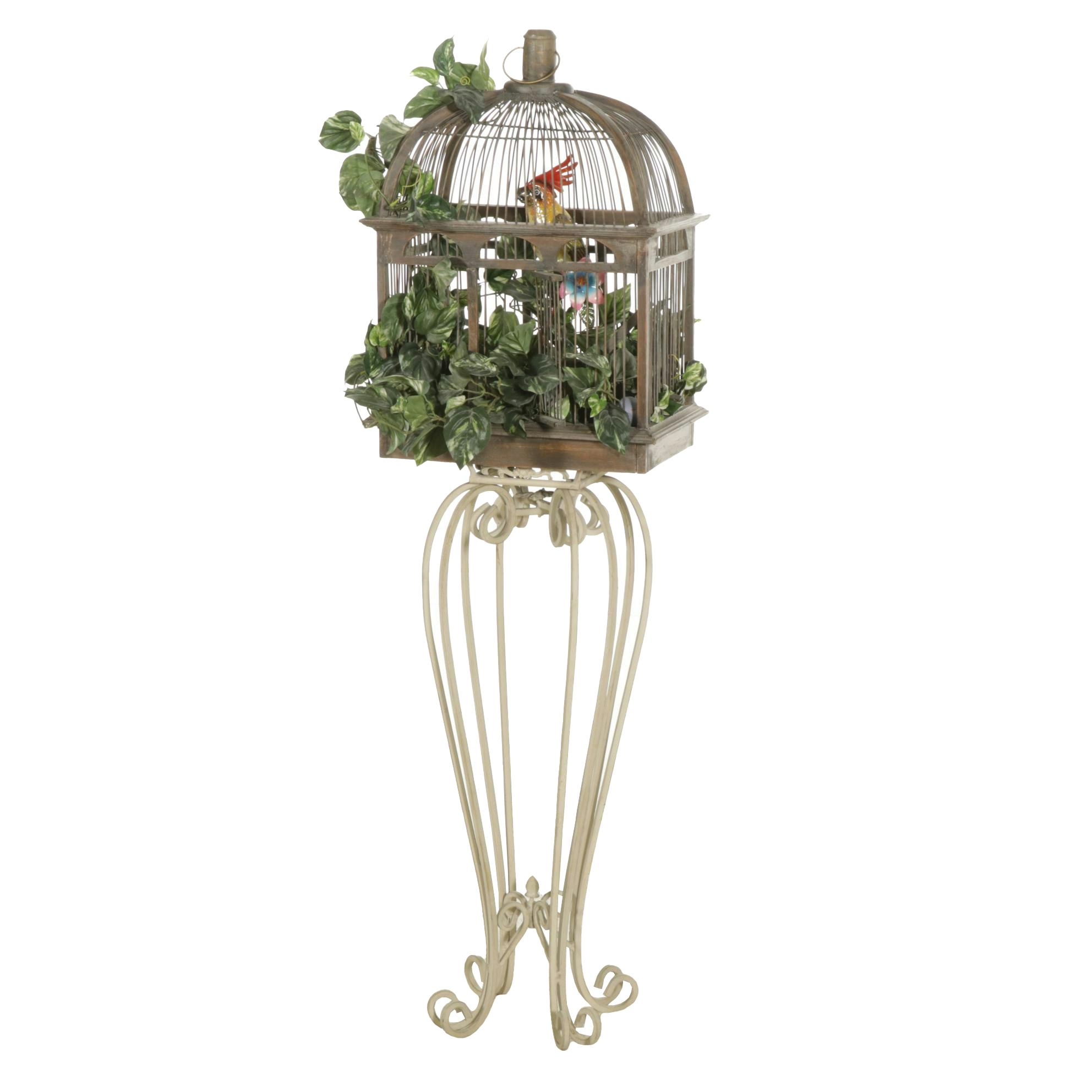 Wrought Iron Folding Plant Stand with Wood Framed Bird Cage