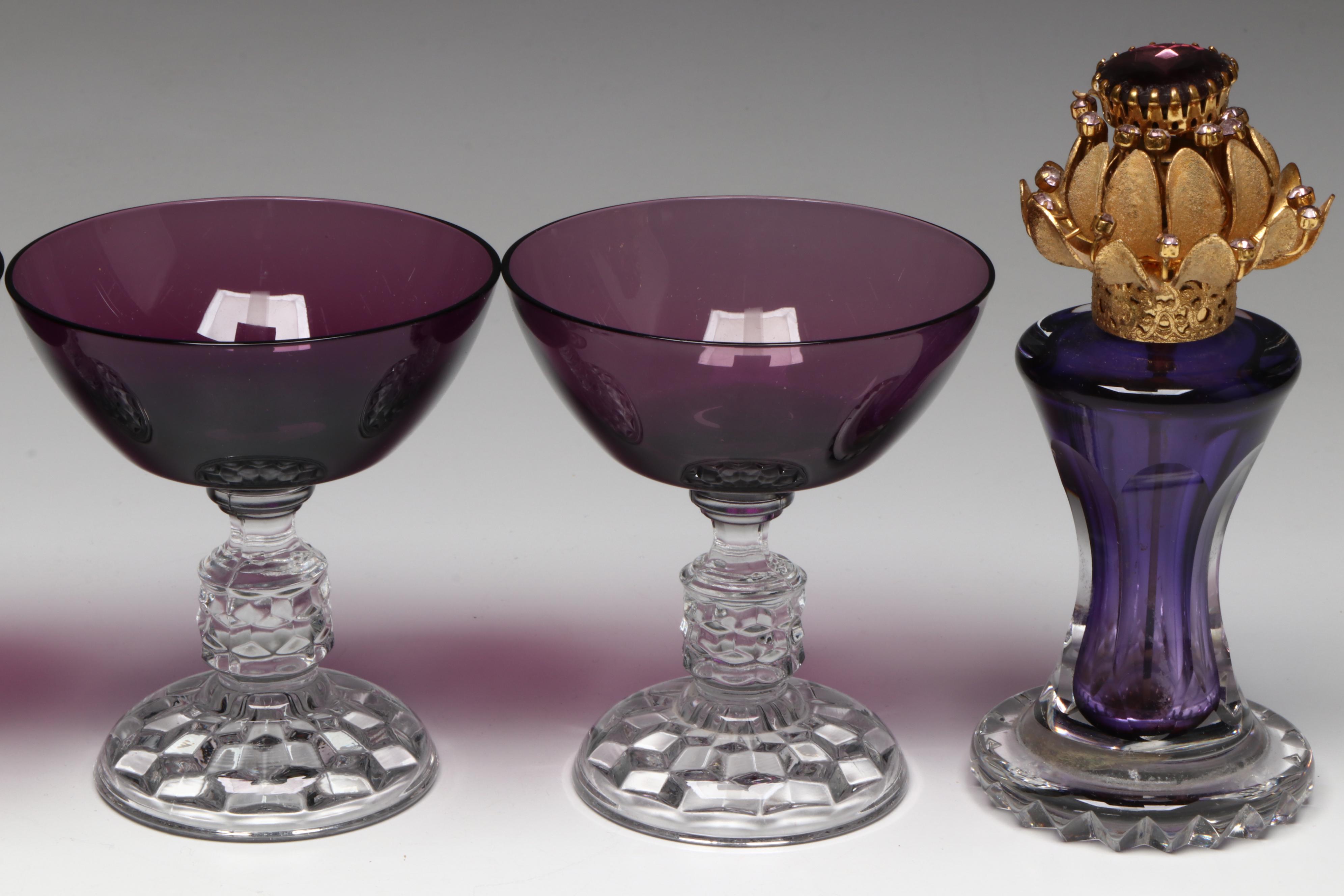 Fostoria "American Lady Amethyst" Glass Champagne Coupes with More Décor