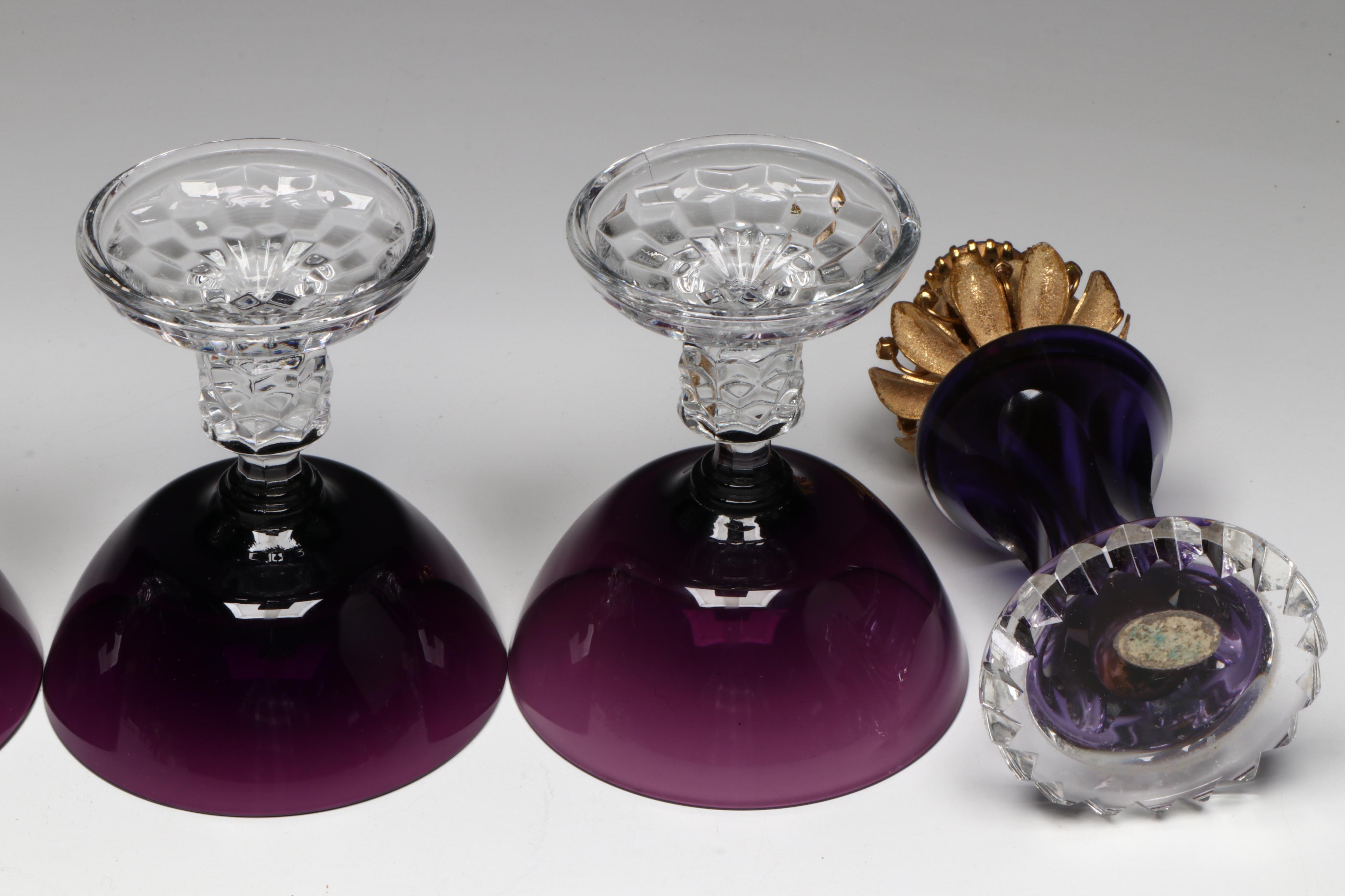 Fostoria "American Lady Amethyst" Glass Champagne Coupes with More Décor
